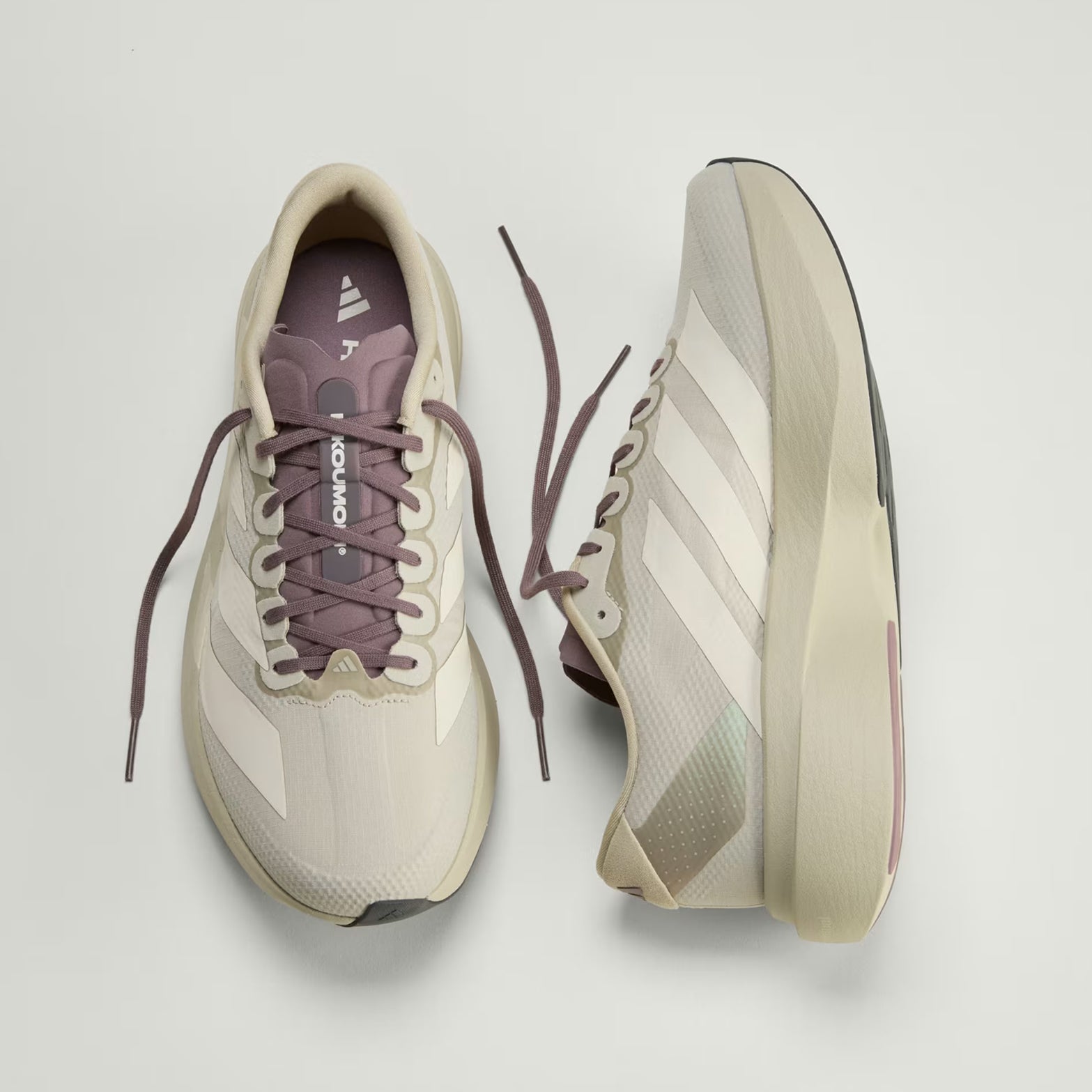 Men's Adizero EVO SL Woven H.Koumori Running Shoes Putty Grey Alumina Shadow Fig top and inner side view showing woven upper construction