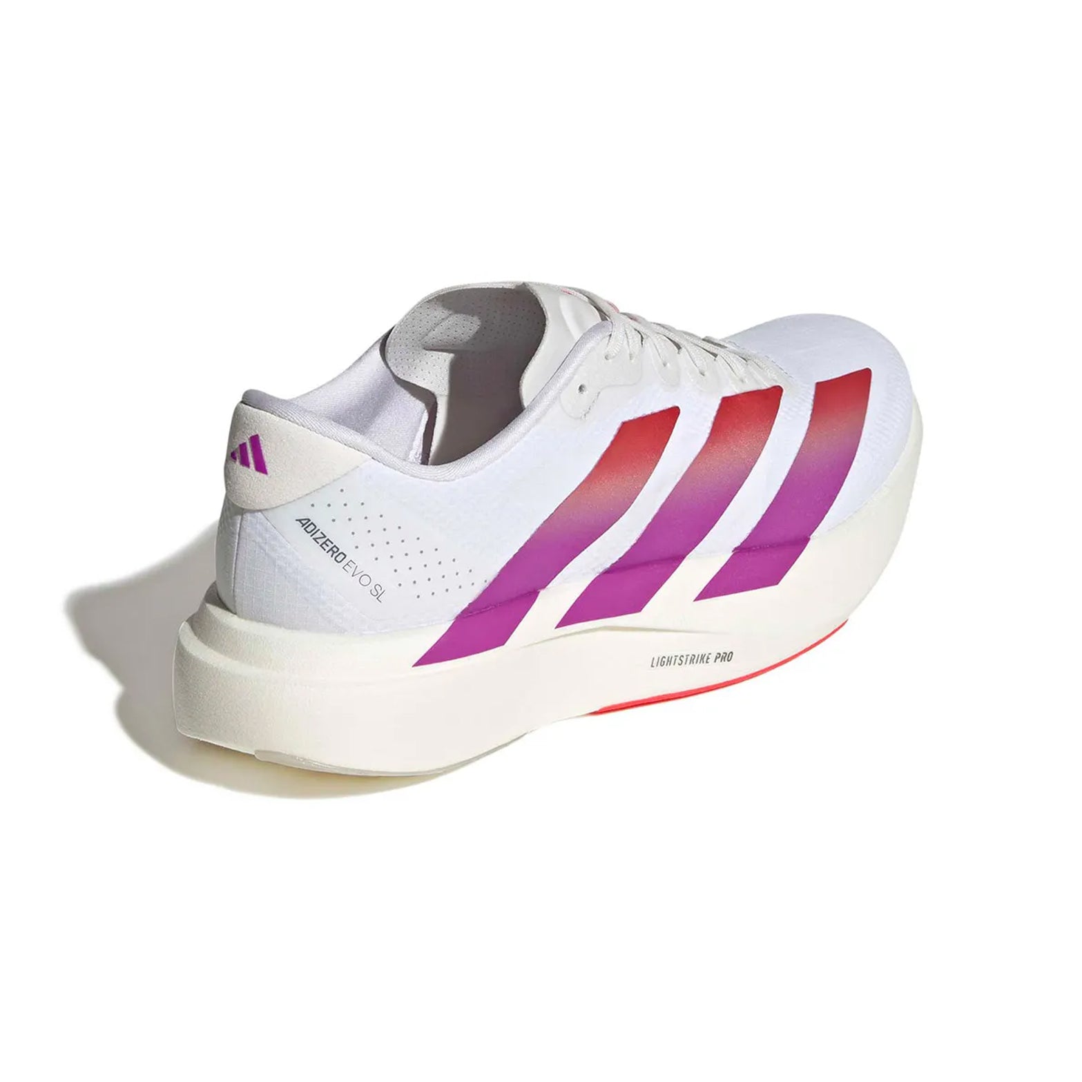 Men's adidas Adizero EVO SL Woven Running Shoes Cloud White Lucid Red Crystal White heel view showing LIGHTSTRIKE PRO foam with regular fit and woven racing-inspired design