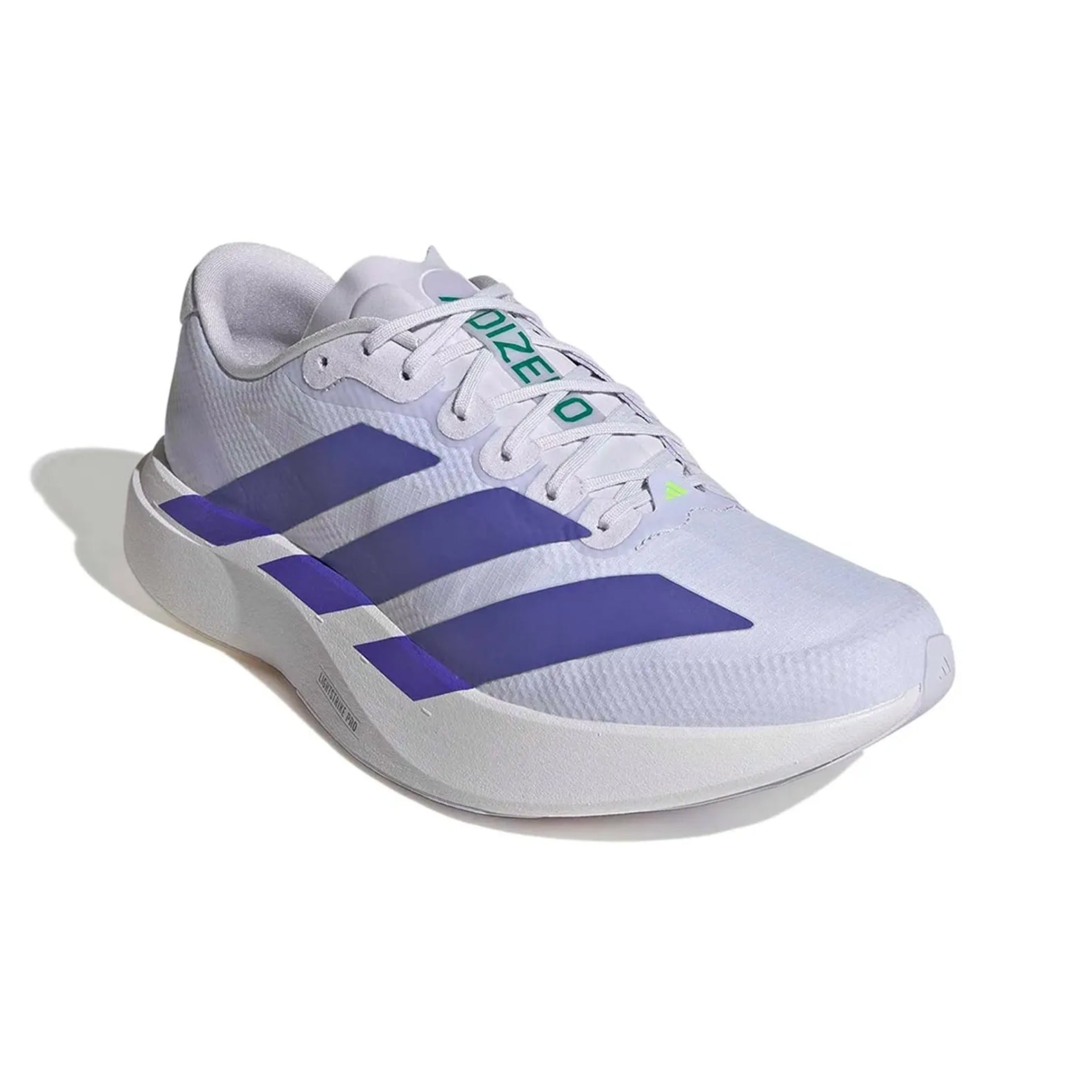 Men's adidas Adizero EVO SL Woven Running Shoes Frozen Purple Solar Purple Equipment Green top view showing synthetic and textile woven upper with racing-inspired aesthetic for versatile wear