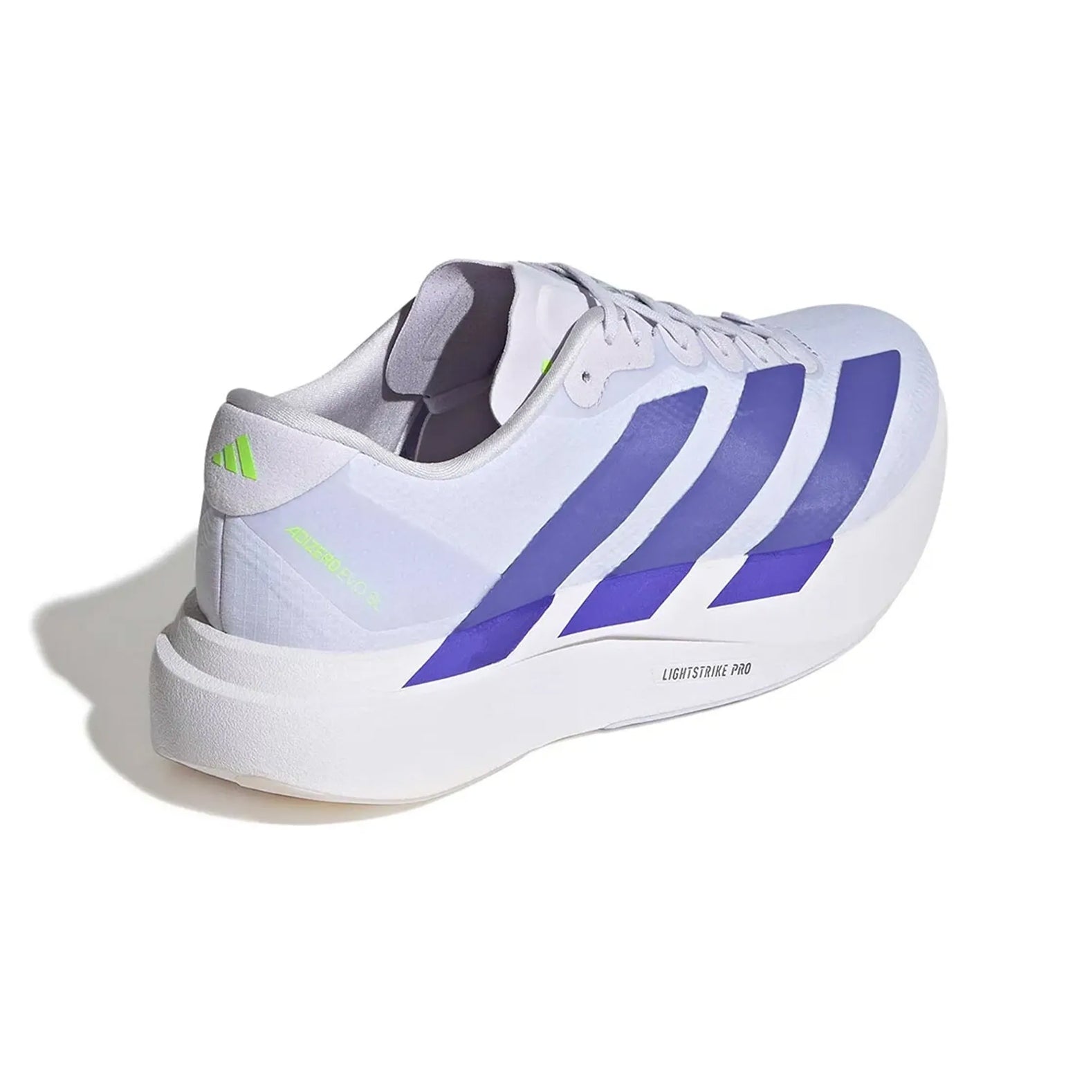 Men's adidas Adizero EVO SL Woven Running Shoes Frozen Purple Solar Purple Equipment Green heel view showing LIGHTSTRIKE PRO foam with regular fit and woven racing-inspired design
