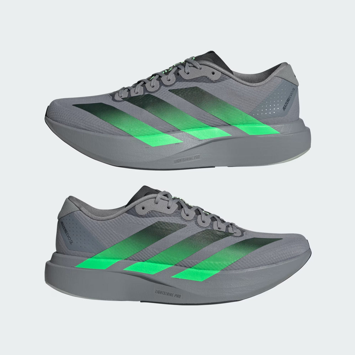 Men's adidas Adizero EVO SL Woven Running Shoes Grey Screaming Green Carbon showing outer side with woven racing-inspired design and inner side displaying LIGHTSTRIKE PRO cushioning with Continental rubber outsole for versatile running and lifestyle wear