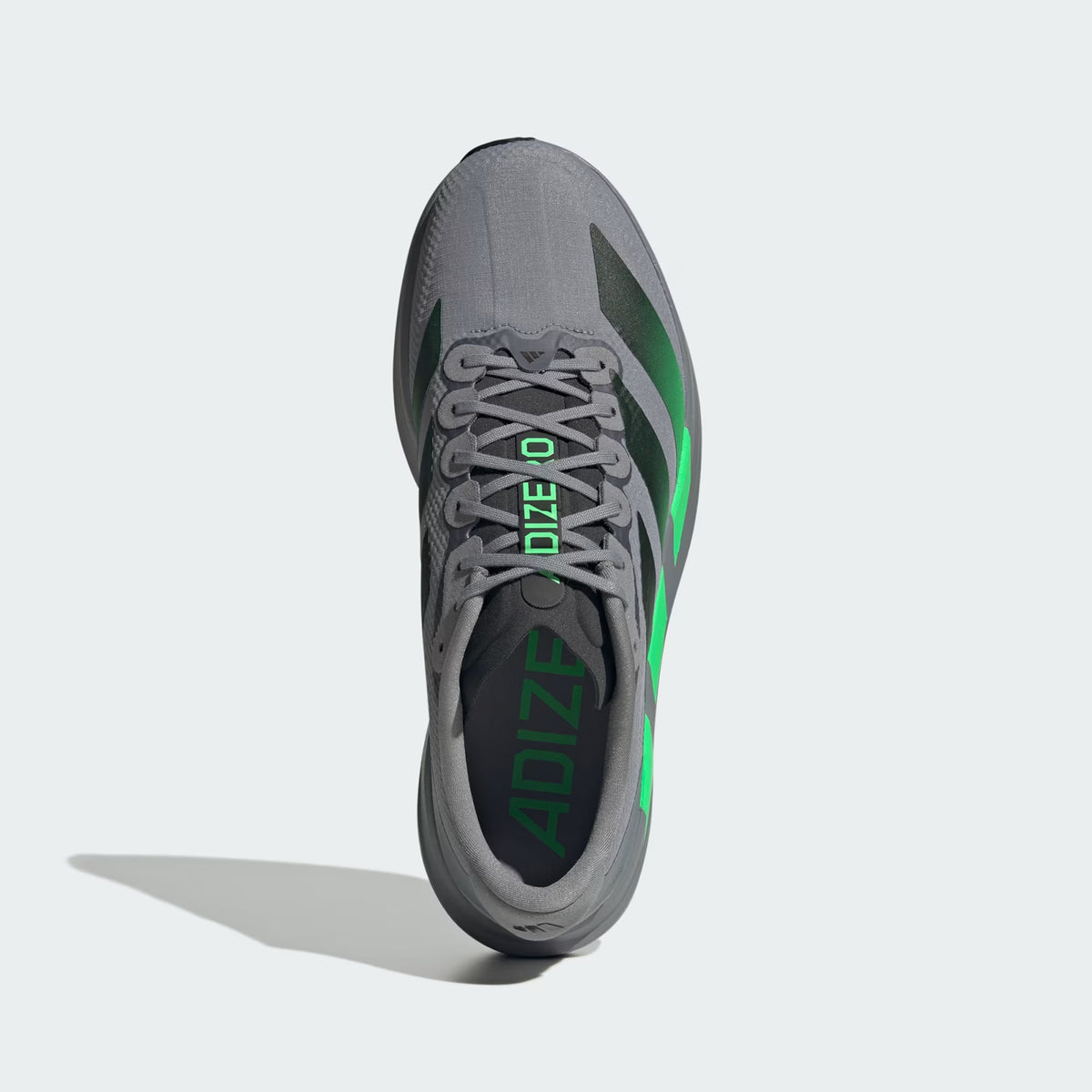Men's adidas Adizero EVO SL Woven Running Shoes Grey Screaming Green Carbon top view showing synthetic and textile woven upper with racing-inspired aesthetic for versatile wear