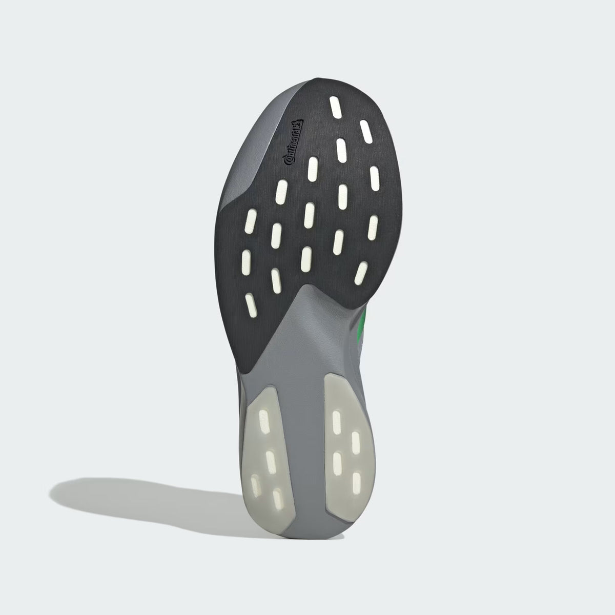Men's adidas Adizero EVO SL Woven Running Shoes Grey Screaming Green Carbon sole view displaying Continental rubber forefoot and CL rubber rearfoot patches for traction and durability