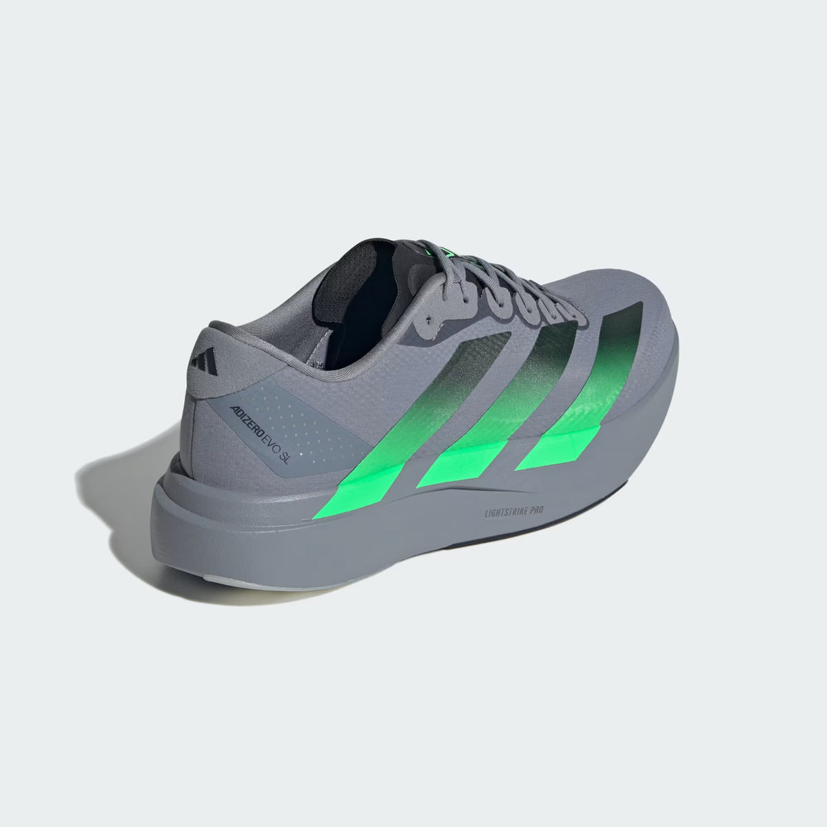 Men's adidas Adizero EVO SL Woven Running Shoes Grey Screaming Green Carbon heel view showing LIGHTSTRIKE PRO foam with regular fit and woven racing-inspired design