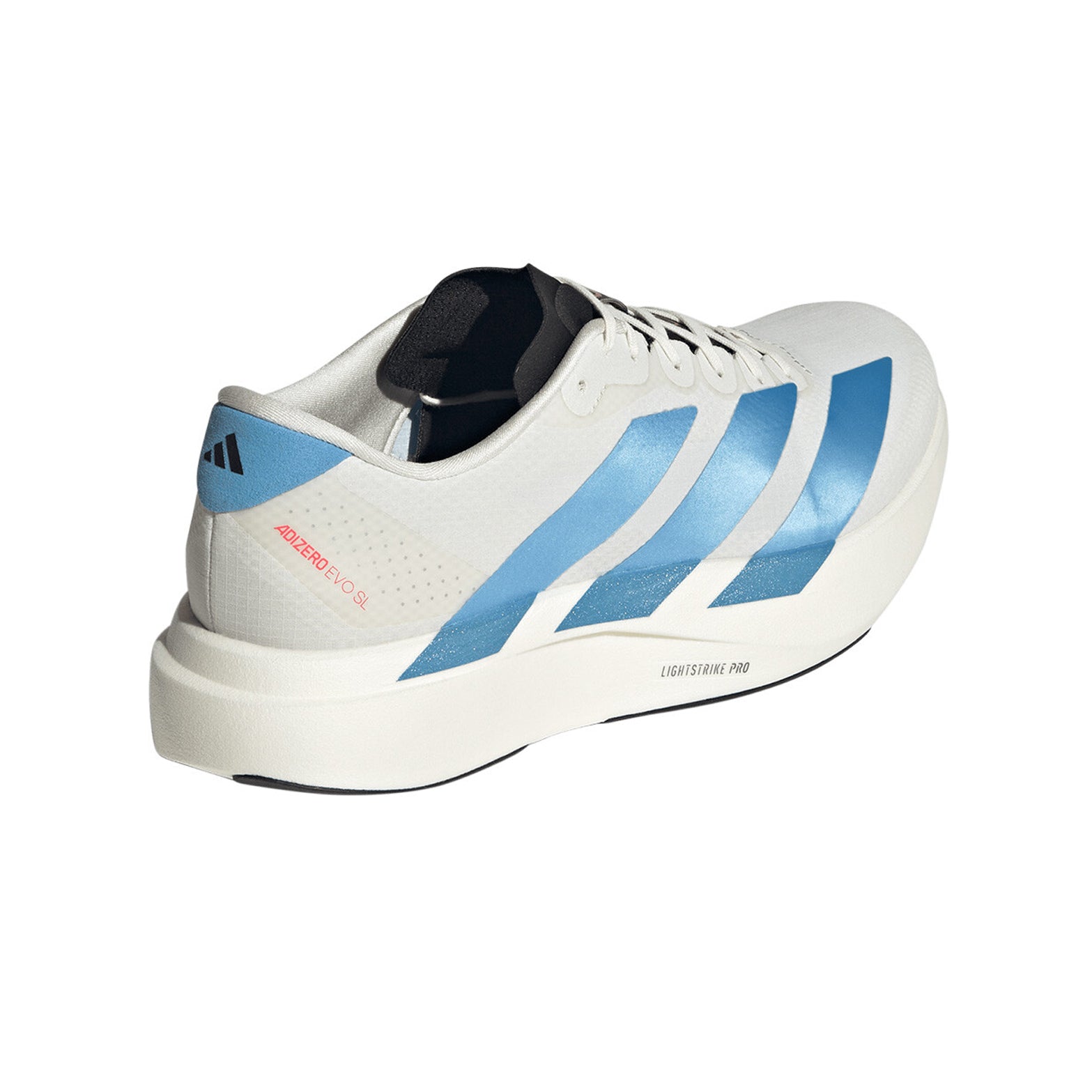 Men's adidas Adizero EVO SL Woven Running Shoes Off White Light Blue Bright Red heel view showing LIGHTSTRIKE PRO foam with regular fit and woven racing-inspired design