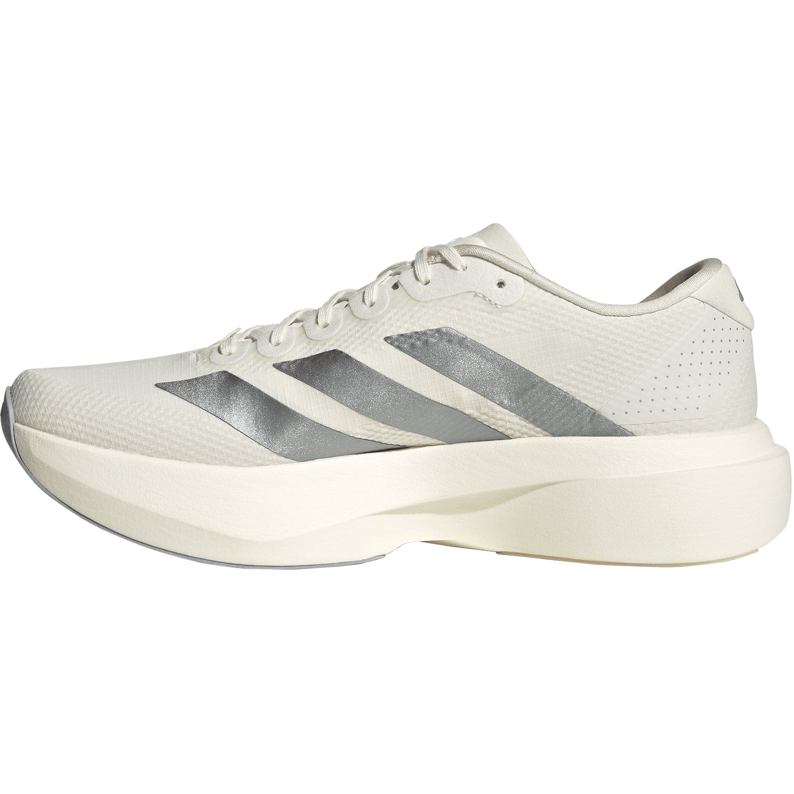 Adidas Adizero Evo SL White White Silver inner side view featuring 7mm drop and racing-inspired aesthetic design