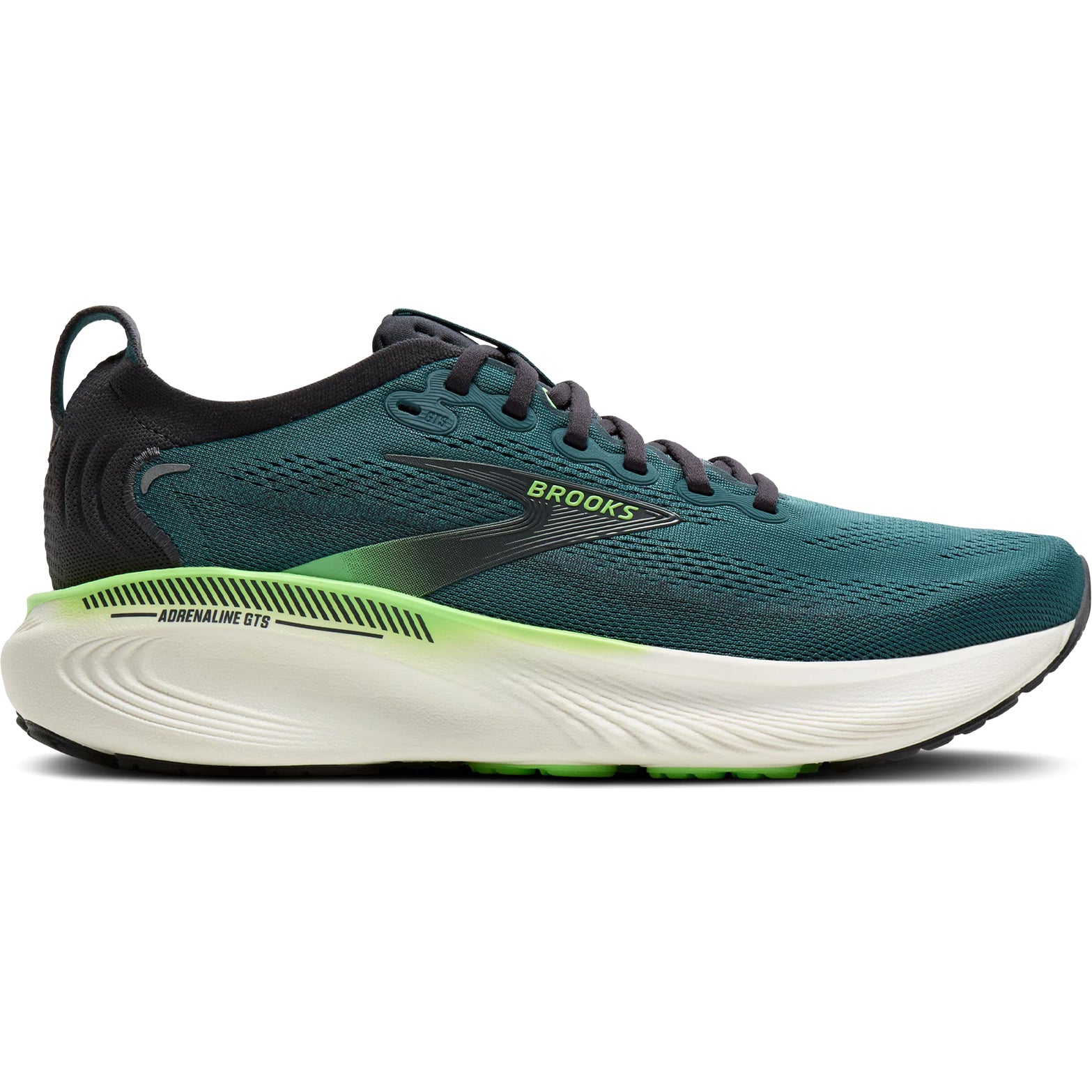 Men's Brooks Adrenaline GTS 25 Running Shoes Dark Green outer side view showing nitrogen-infused DNA LOFT cushioning and GuideRails support technology