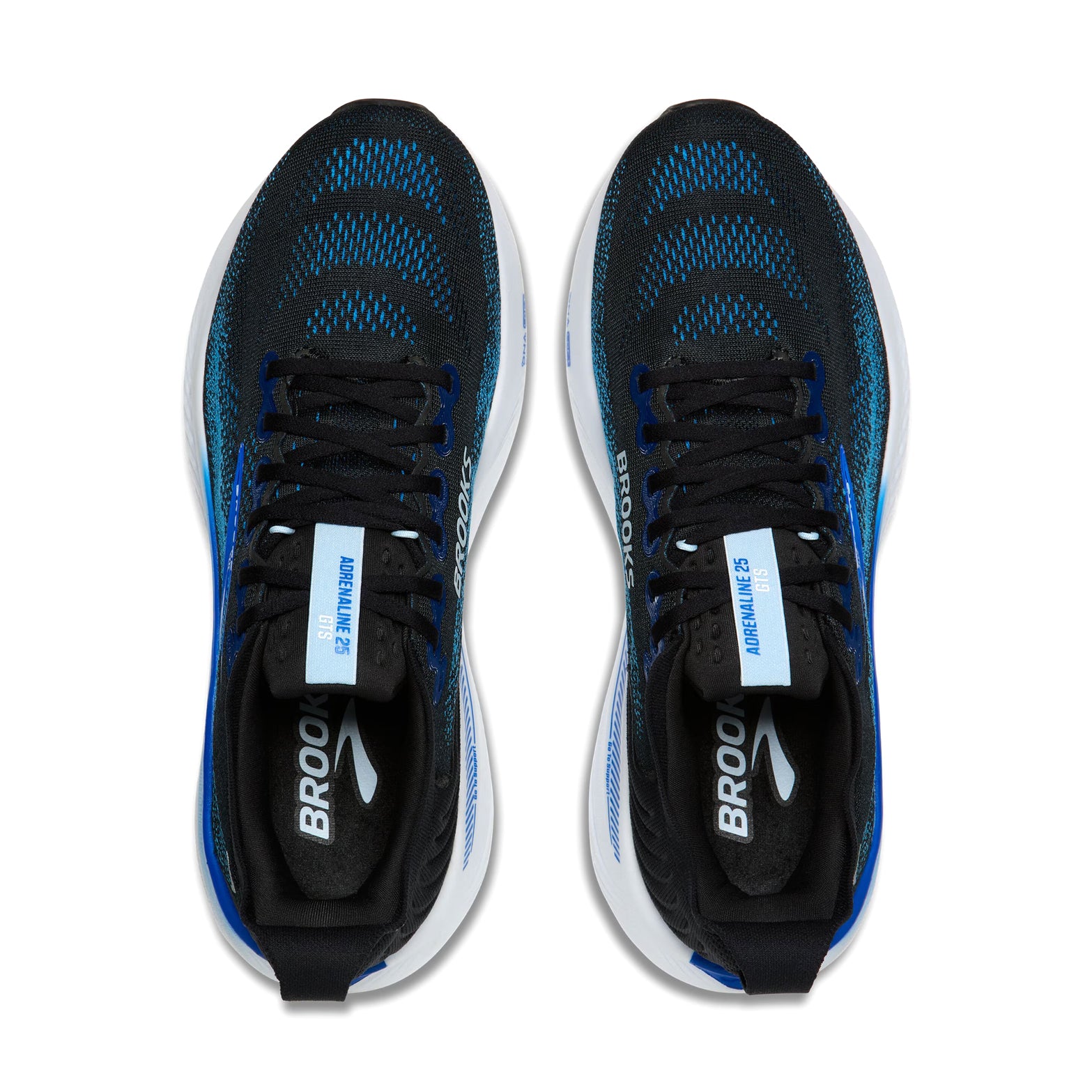 Men's Brooks Adrenaline GTS 25 Running Shoes Black Blue Nantucket Breeze top view showing engineered mesh upper with breathable structured construction for comfortable daily running