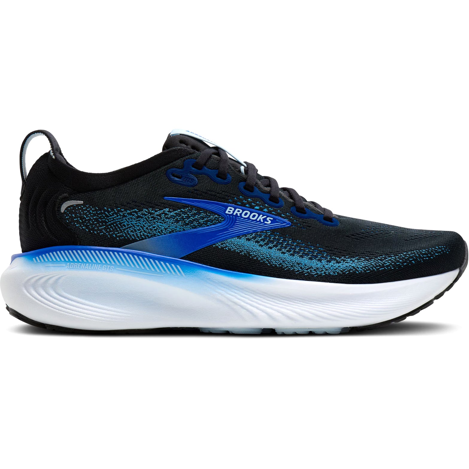 Men's Brooks Adrenaline GTS 25 Running Shoes Black Blue Nantucket Breeze outer side view showing GuideRails support technology with nitrogen-infused DNA LOFT cushioning for reliable daily road running
