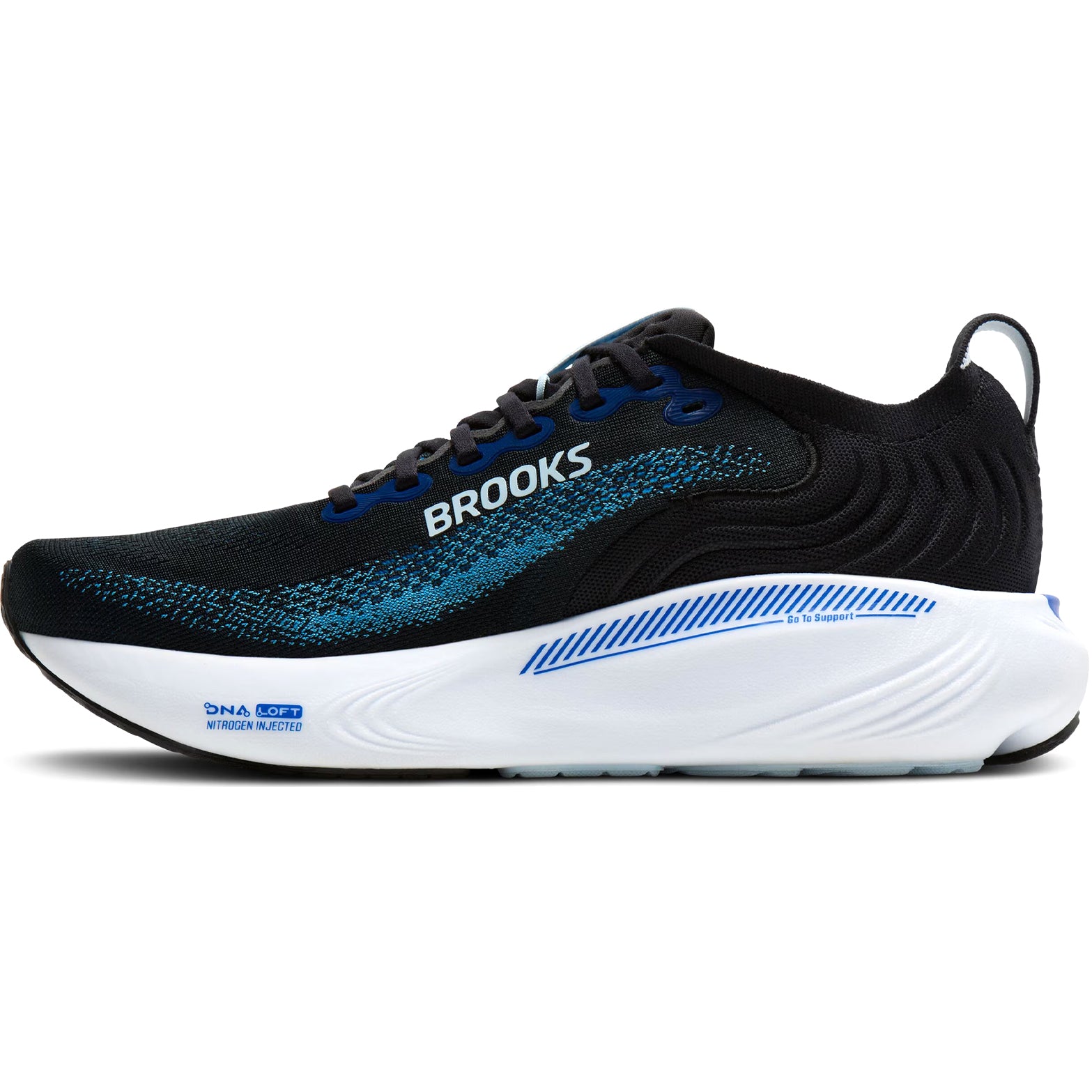 Men's Brooks Adrenaline GTS 25 Running Shoes Black Blue Nantucket Breeze inner side view showing GuideRails support system with DNA LOFT cushioning in heel and forefoot for natural stride guidance