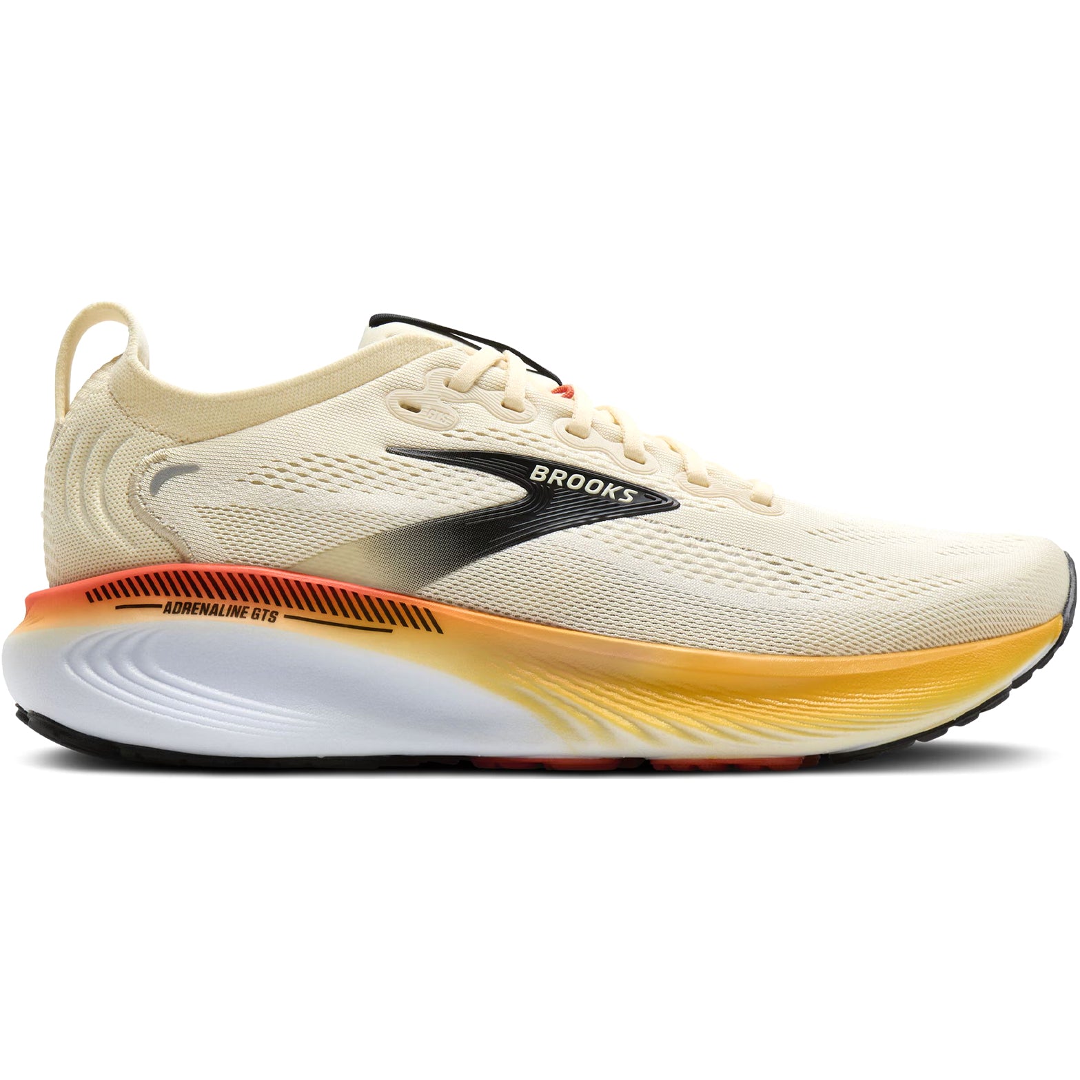 Brooks Adrenaline GTS 25 men's running shoe in Rutabaga / Tigerlily / Orange — outer view showing rutabaga engineered mesh upper with tigerlily and orange accent detailing and DNA LOFT cushioning midsole profile