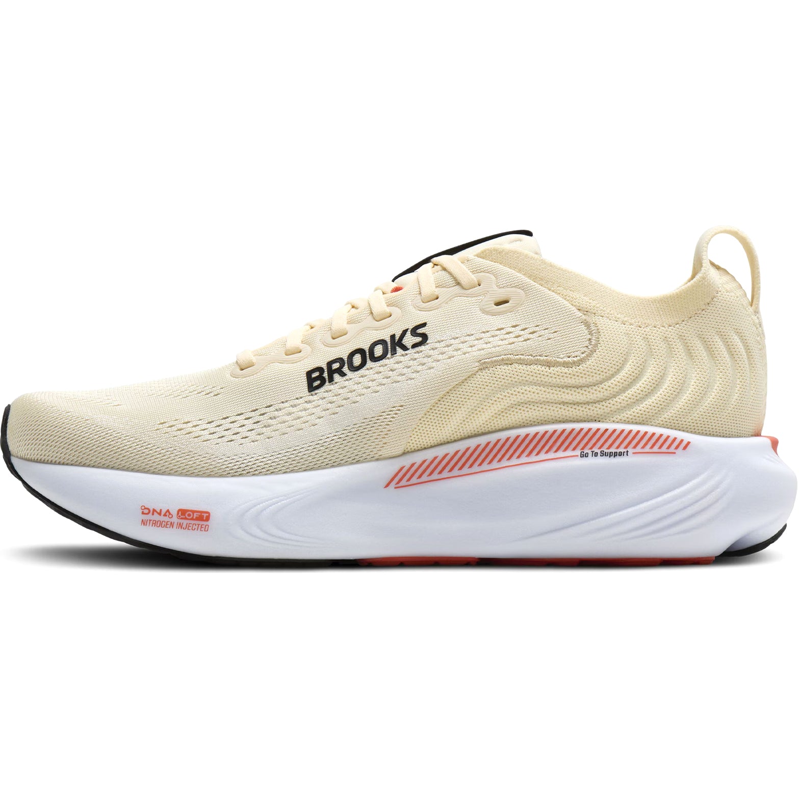 Brooks Adrenaline GTS 25 men's running shoe in Rutabaga / Tigerlily / Orange — inner view showing rutabaga engineered mesh upper, tigerlily midsole detailing, GuideRails support structure and DNA LOFT cushioning construction