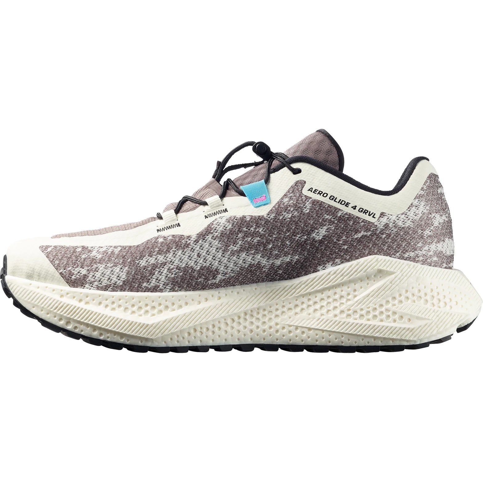 Men's Aero Glide 4 GRVL Running Shoes Vanilla Ice Black outer side view showing road contagrip® outsole