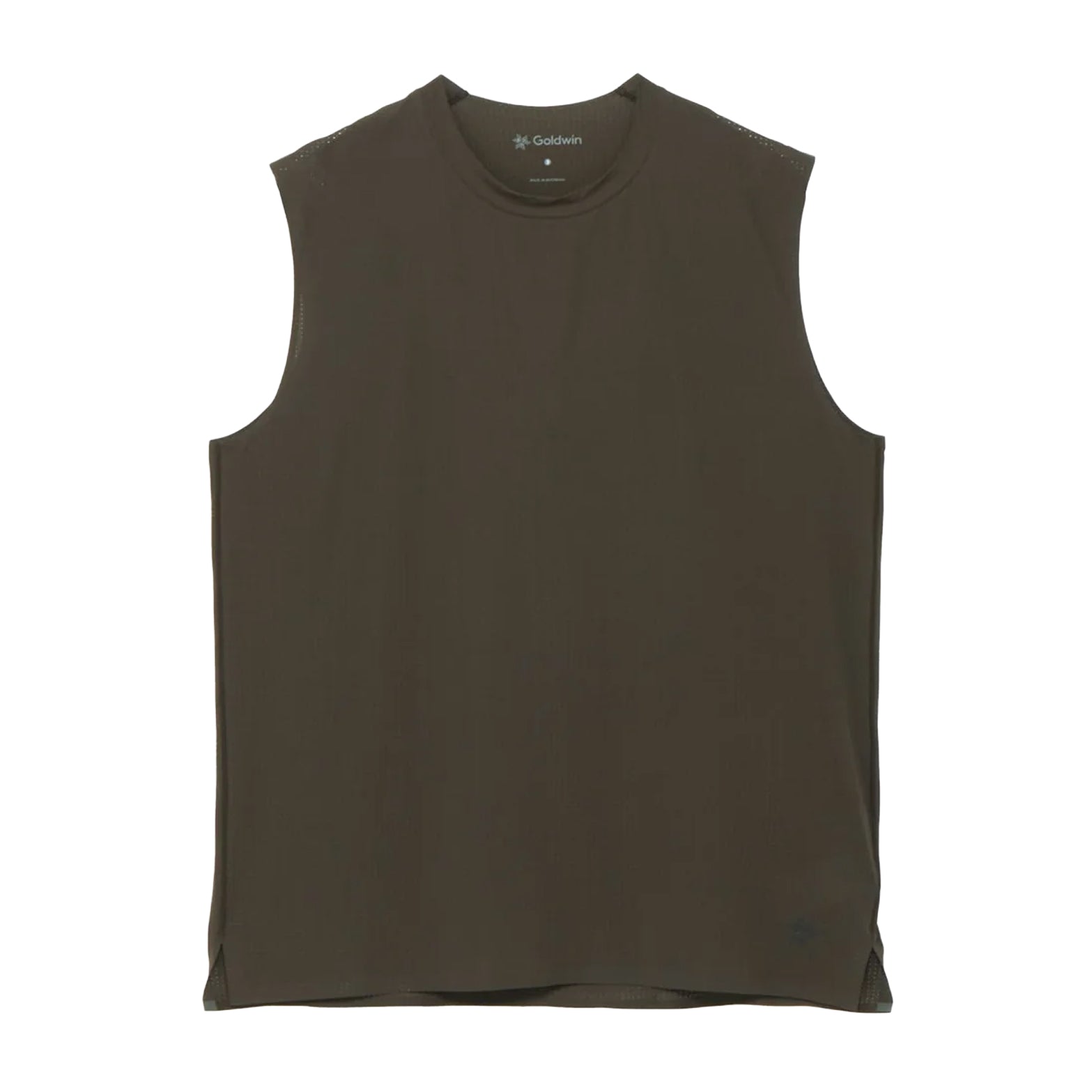 Goldwin Men's Air Pit Tank Jet Brown front view showing dot-structured mesh fabric with bonded seams and breathable construction for summer running