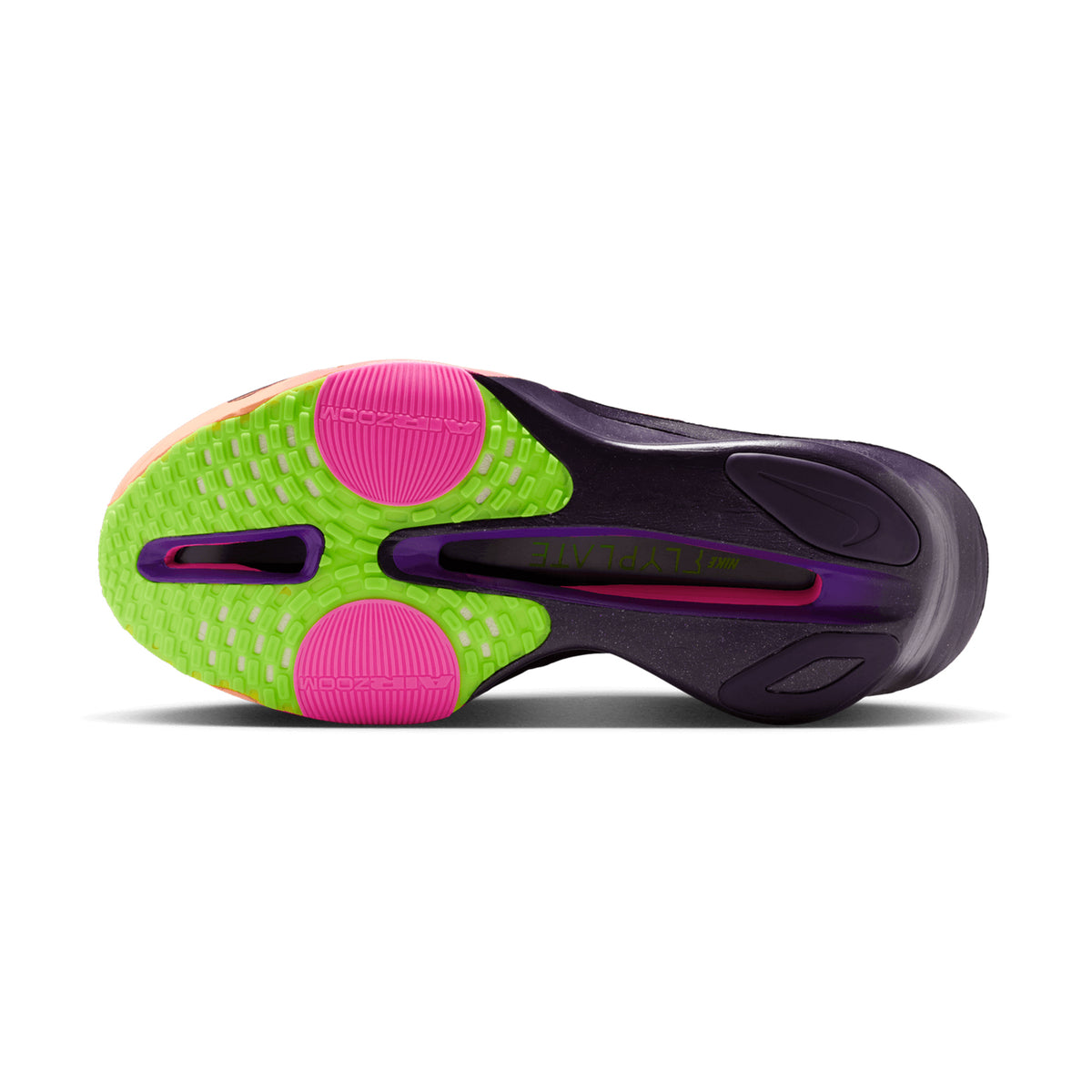 Nike Alphafly 3 GLAM men's running shoe in Orange Pulse / Purple Dynasty / Electric Green / Black — outsole view showing lightweight rubber tread pattern and electric green fully connected ZoomX foam midsole stack with full-length carbon fiber plate profile