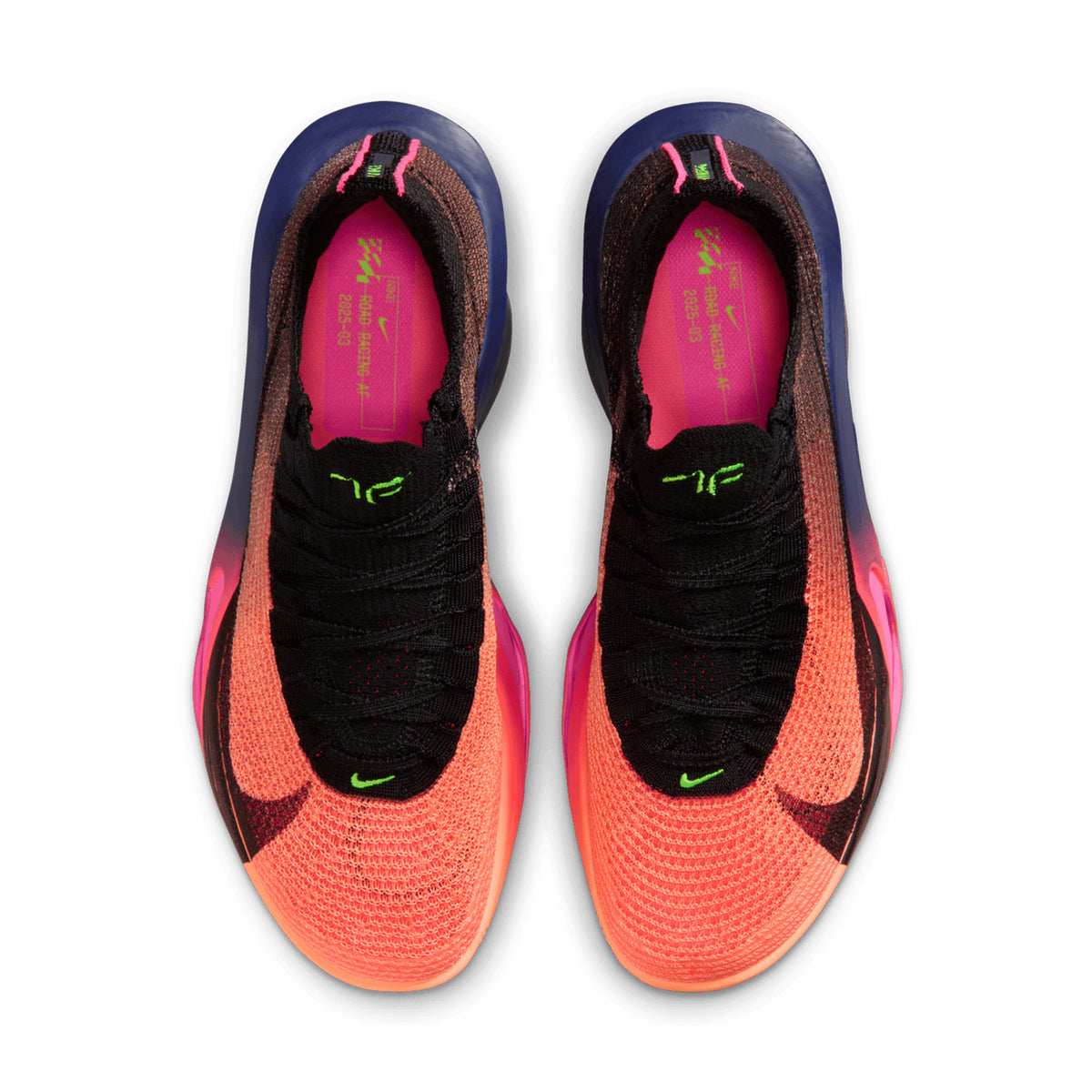 Nike Alphafly 3 GLAM men's running shoe in Orange Pulse / Purple Dynasty / Electric Green / Black — top-down view showing orange pulse Atomknit upper with multidirectional containment, notched lace system and purple dynasty accent detailing