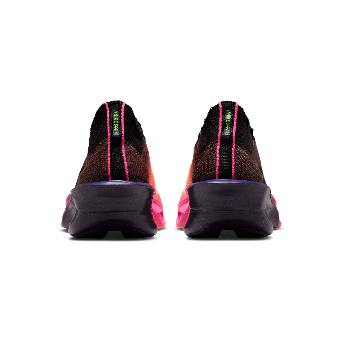 Nike Alphafly 3 GLAM men's running shoe in Orange Pulse / Purple Dynasty / Electric Green / Black — heel view showing integrated knit tongue construction, black heel detailing and electric green dual forefoot Air Zoom ZoomX midsole contrast