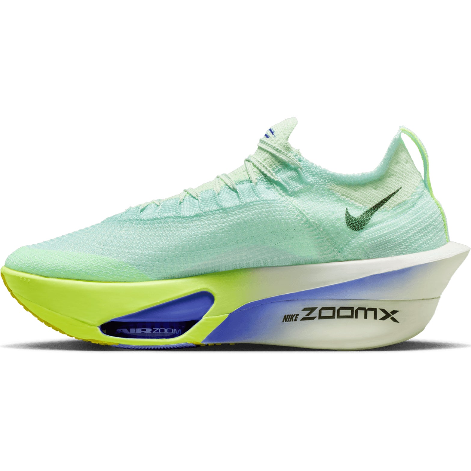 Nike Alphafly 3 men's running shoe in Barely Green / Volt Tint / Volt Ice / Black Spruce — inner view showing barely green Atomknit upper, integrated knit tongue with lofted padding, volt ice midsole detailing and carbon fiber plate construction