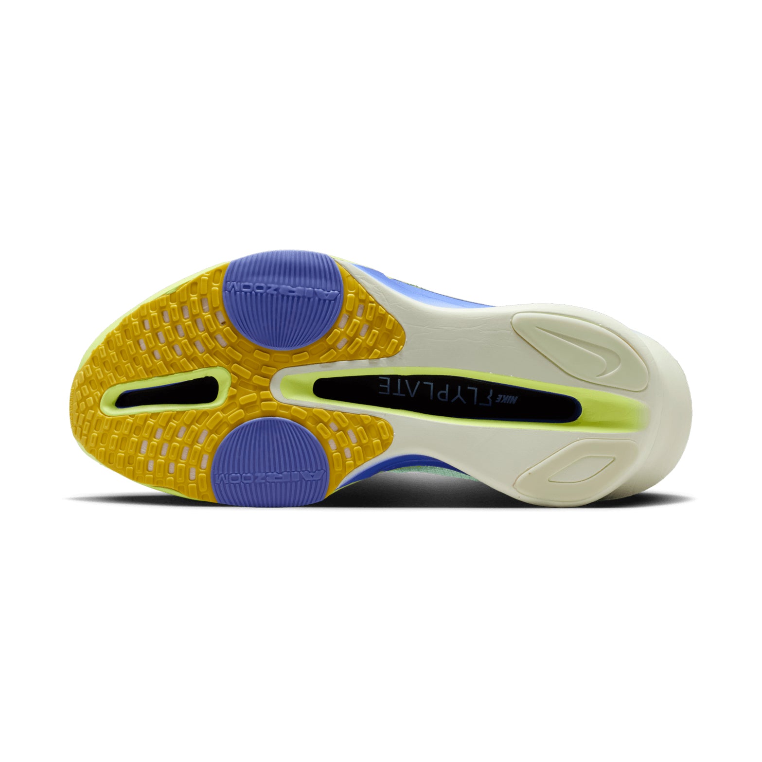 Nike Alphafly 3 men's running shoe in Barely Green / Volt Tint / Volt Ice / Black Spruce — outsole view showing lightweight rubber tread pattern and volt ice fully connected ZoomX foam midsole stack with full-length carbon fiber plate profile