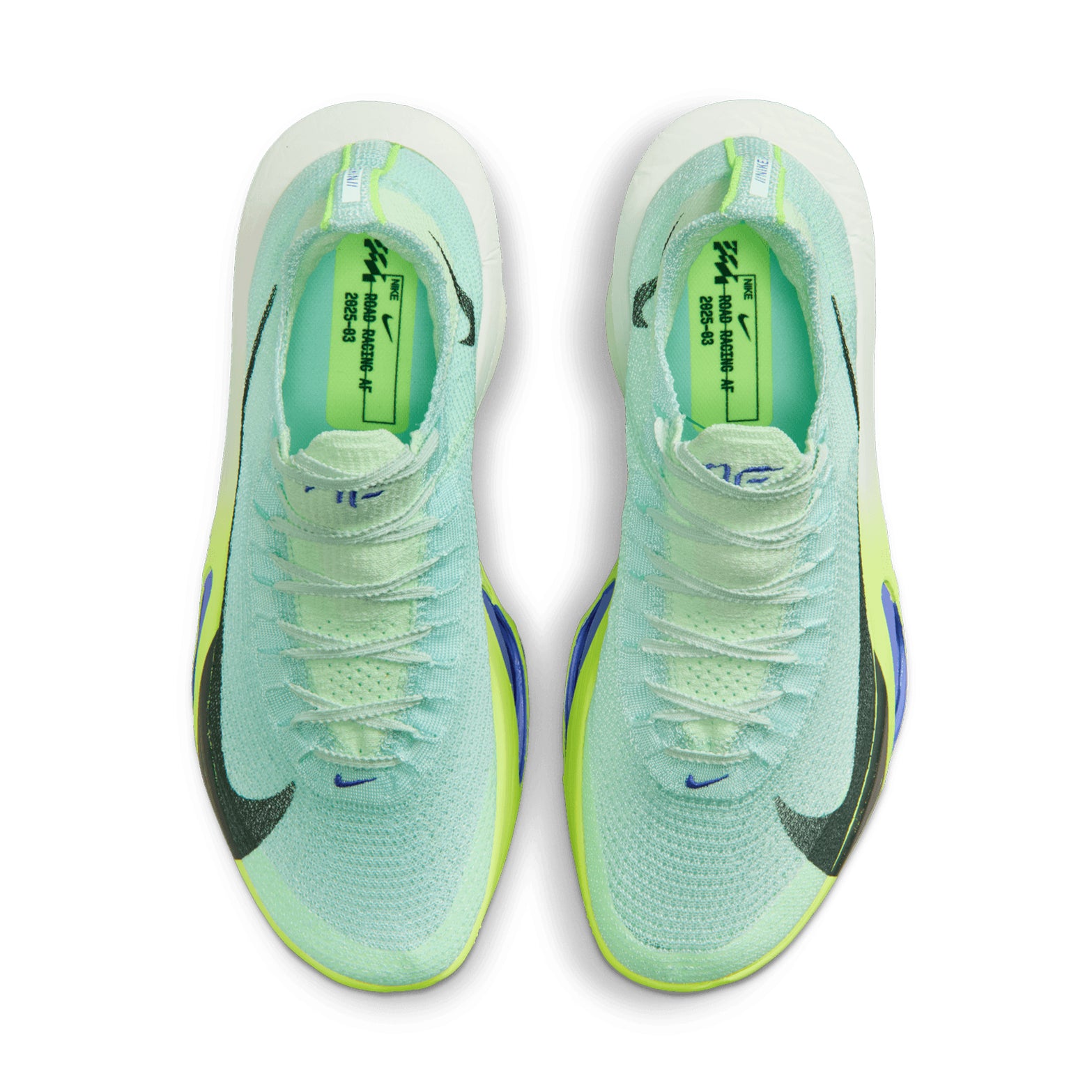 Nike Alphafly 3 men's running shoe in Barely Green / Volt Tint / Volt Ice / Black Spruce — top-down view showing barely green Atomknit upper with multidirectional containment, notched lace system and volt tint accent detailing