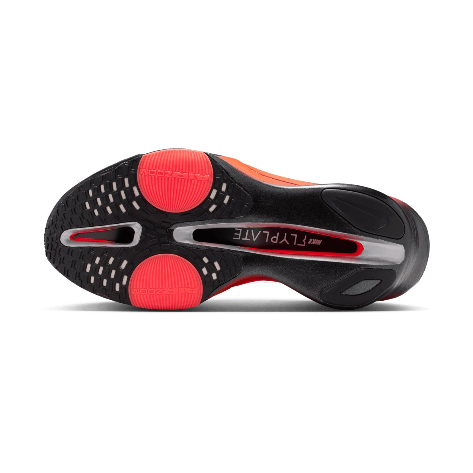 Men's Nike Alphafly 3 Running Shoes Black Bright Crimson Wolf Grey Metallic Silver sole view displaying racing outsole with traction pattern for road racing performance