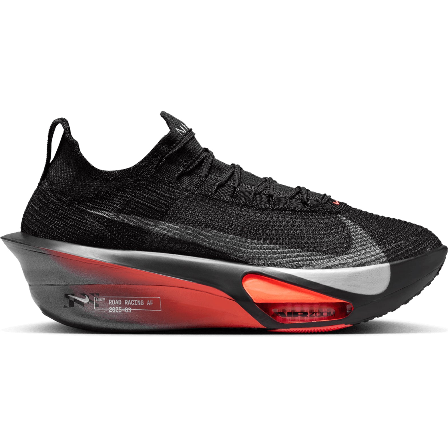 Men's Nike Alphafly 3 Running Shoes Black Bright Crimson Wolf Grey Metallic Silver outer side view showing dual Air Zoom units with carbon fibre plate and ZoomX foam for elite racing performance