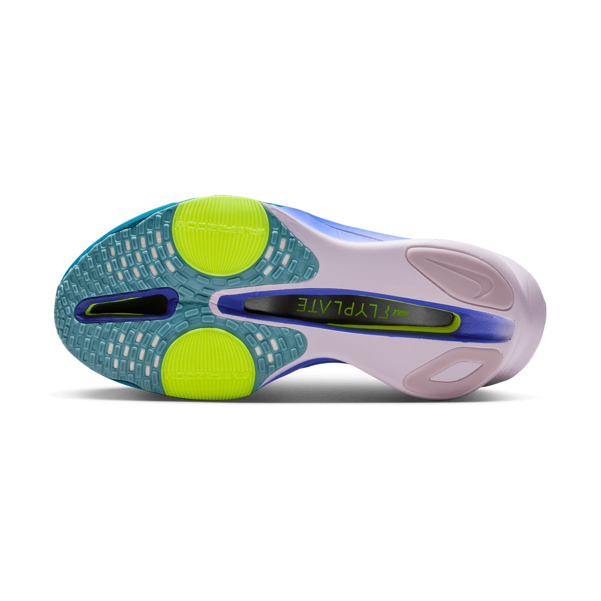 Nike Alphafly 3 men's running shoe in Obsidian / Doll / Persian Violet / White — outsole view showing lightweight rubber tread pattern and doll fully connected ZoomX foam midsole stack with full-length carbon fiber plate profile