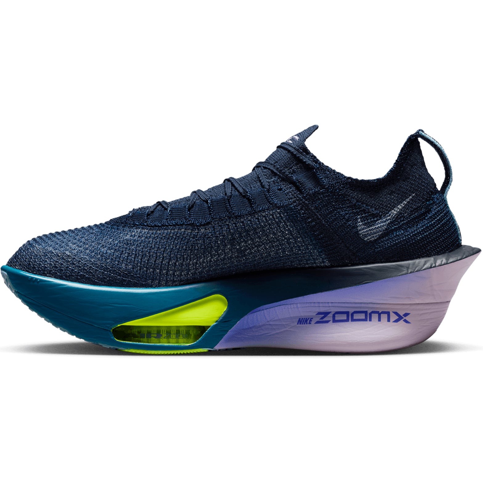 Nike Alphafly 3 men's running shoe in Obsidian / Doll / Persian Violet / White — inner view showing obsidian Atomknit upper, integrated knit tongue with lofted padding, doll midsole detailing and carbon fiber plate construction