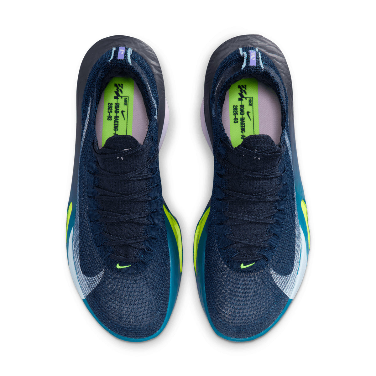 Nike Alphafly 3 men's running shoe in Obsidian / Doll / Persian Violet / White — top-down view showing obsidian Atomknit upper with multidirectional containment, notched lace system and persian violet accent detailing