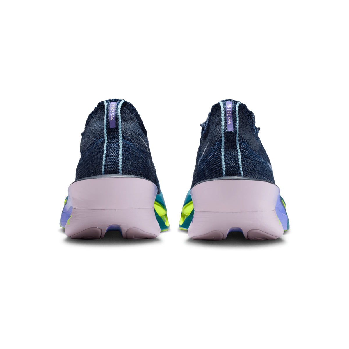 Nike Alphafly 3 men's running shoe in Obsidian / Doll / Persian Violet / White — heel view showing integrated knit tongue construction, white heel detailing and doll dual forefoot Air Zoom ZoomX midsole contrast