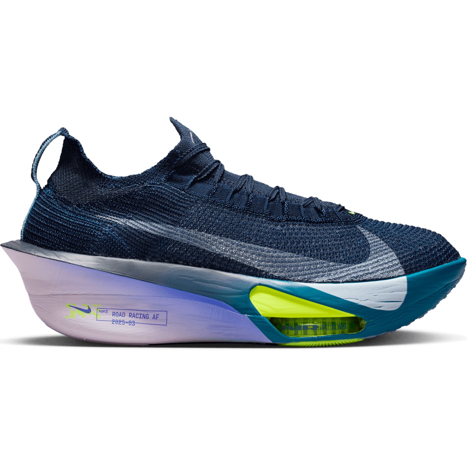 Nike Alphafly 3 men's running shoe in Obsidian / Doll / Persian Violet / White — outer view showing obsidian Atomknit upper with doll and persian violet accent detailing, white contrast and dual forefoot Air Zoom ZoomX midsole profile