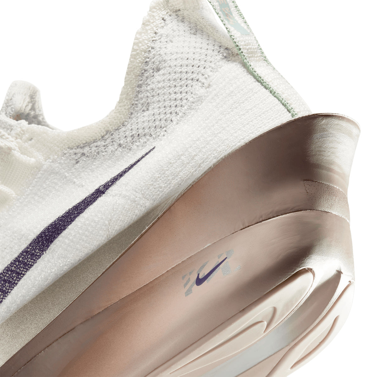 Men's Nike Alphafly 3 Running Shoes Platinum Tint Ocean Cube Purple Dynasty angled side and heel view showing carbon-plated ZoomX foam with dual Air Zoom units for elite racing from 5K to marathon