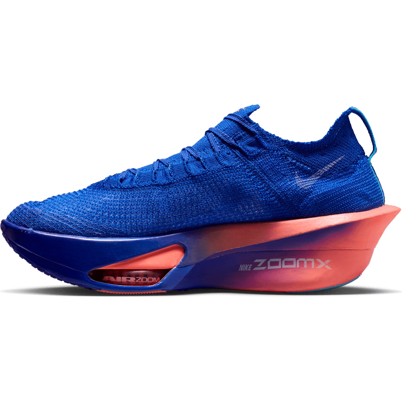 Men's Nike Alphafly 3 Running Shoes Racer Blue Atomic Pink Indigo Burst White inner side view showing carbon plate with ZoomX cushioning and Air Zoom pods for race day performance