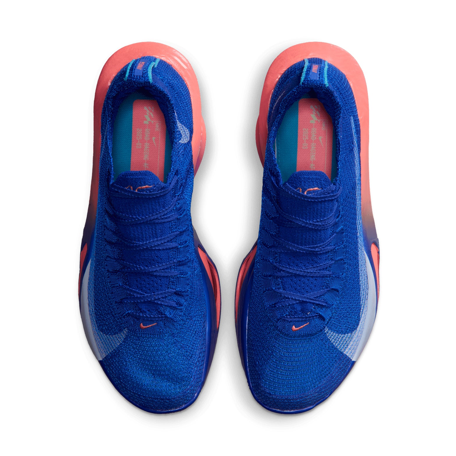 Men's Nike Alphafly 3 Running Shoes Racer Blue Atomic Pink Indigo Burst White top view showing lightweight Flyknit racing upper construction with carbon-plated super shoe design