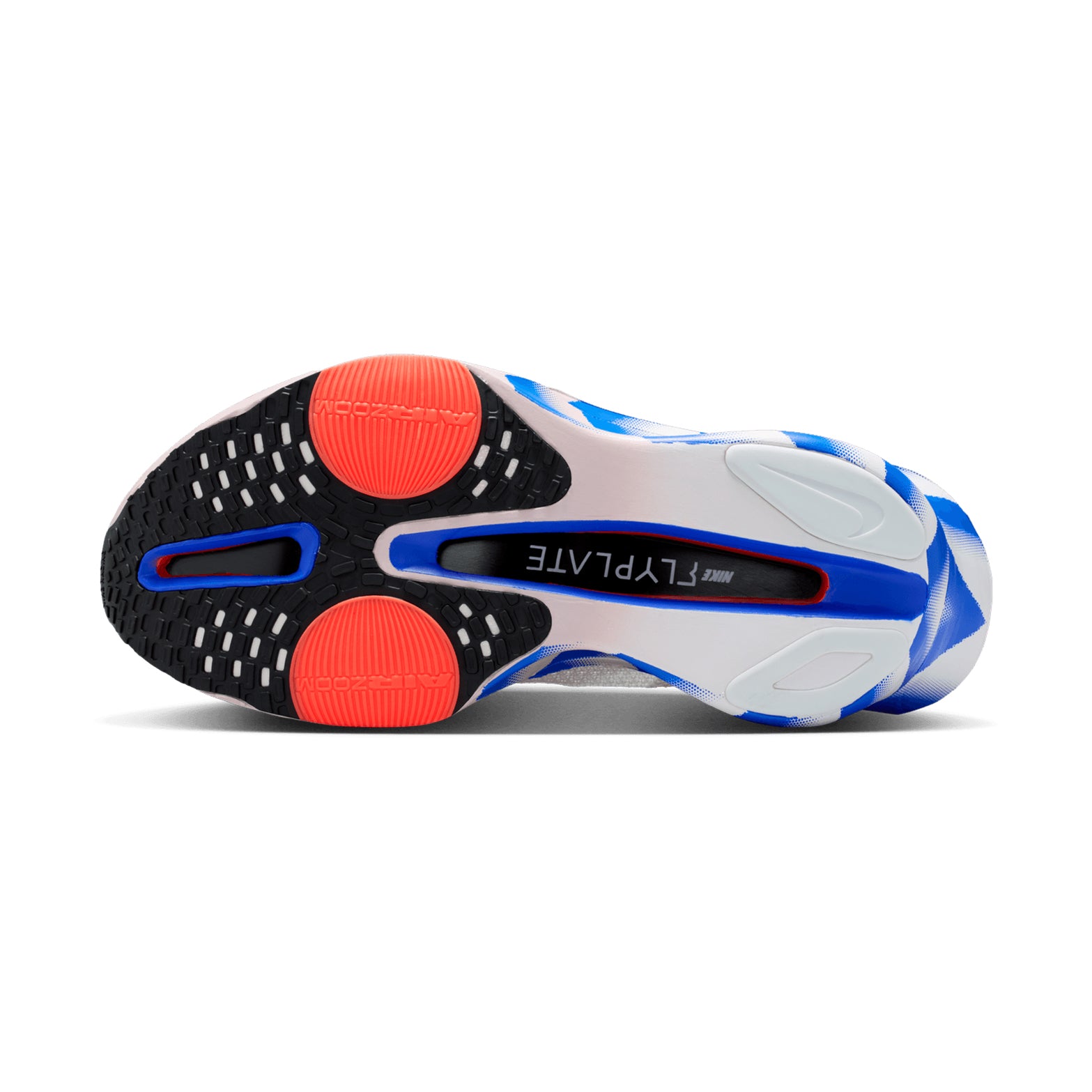 Nike Alphafly 3 men's running shoe in White / Platinum Violet / Silt Red / Black — outsole view showing lightweight rubber tread pattern and platinum violet fully connected ZoomX foam midsole stack with full-length carbon fiber plate profile