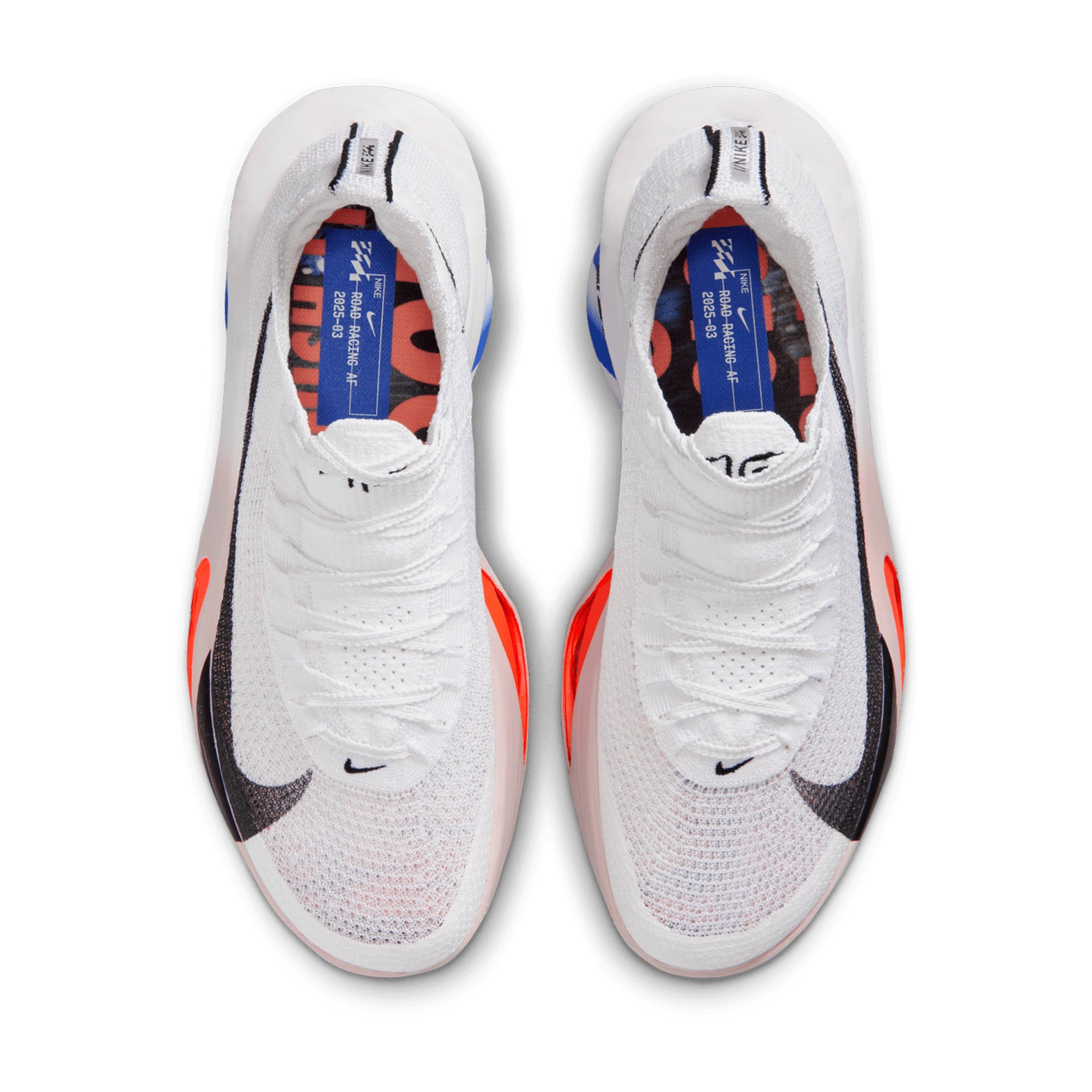 Nike Alphafly 3 men's running shoe in White / Platinum Violet / Silt Red / Black — top-down view showing white Atomknit upper with multidirectional containment, notched lace system and silt red accent detailing