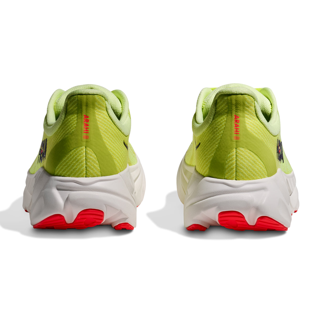 Back view of two Hoka Men’s Arahi 8 Running Shoes in Neon Yuzu / Neon Flame, featuring white soles and red tread accents, placed side by side against a white background to showcase their stability shoe design.