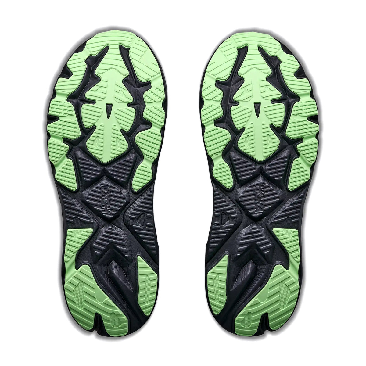 The black and light green patterned outsoles of Men’s Arahi 9 Running Shoes Black / Squid Ink shown from underneath.