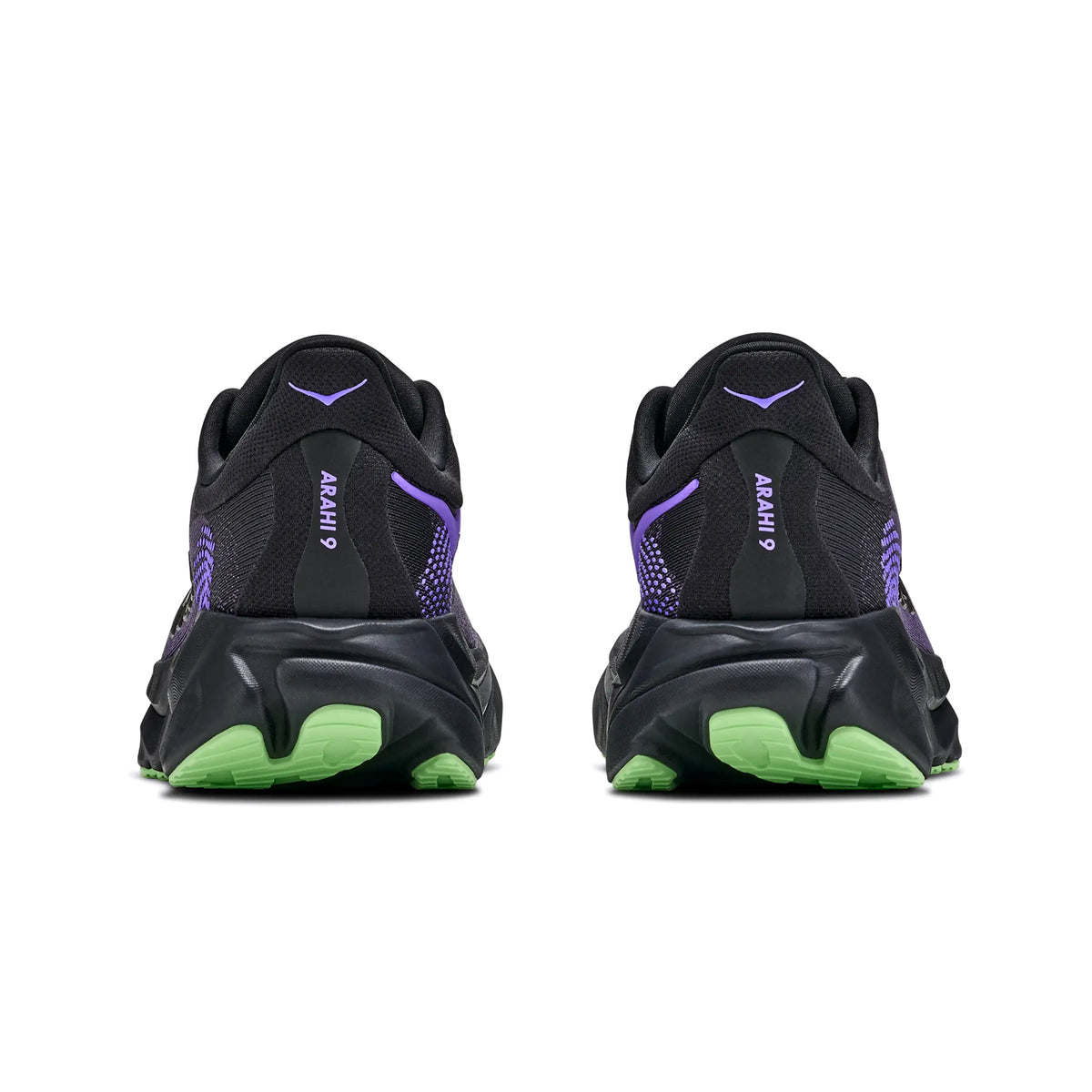 Back view of two Men’s Arahi 9 Running Shoes Black / Squid Ink, featuring purple accents, bright green outsoles, and model branding on the heel pull tabs.