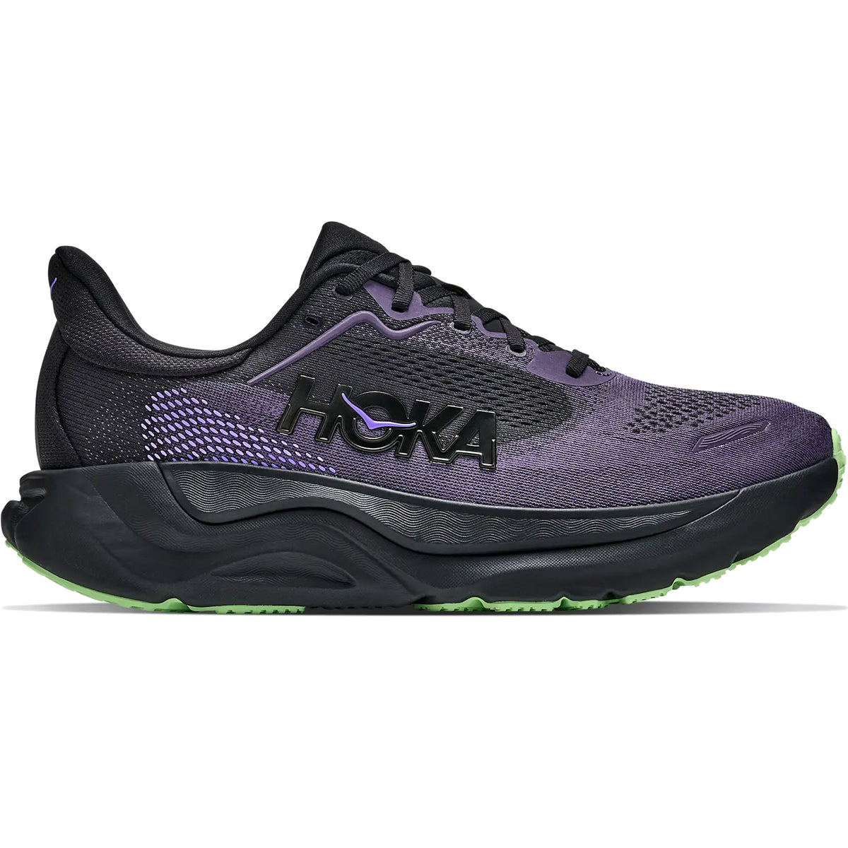 Men’s Arahi 9 Running Shoes Black / Squid Ink stability running shoes featuring a thick black midsole and a green outsole.