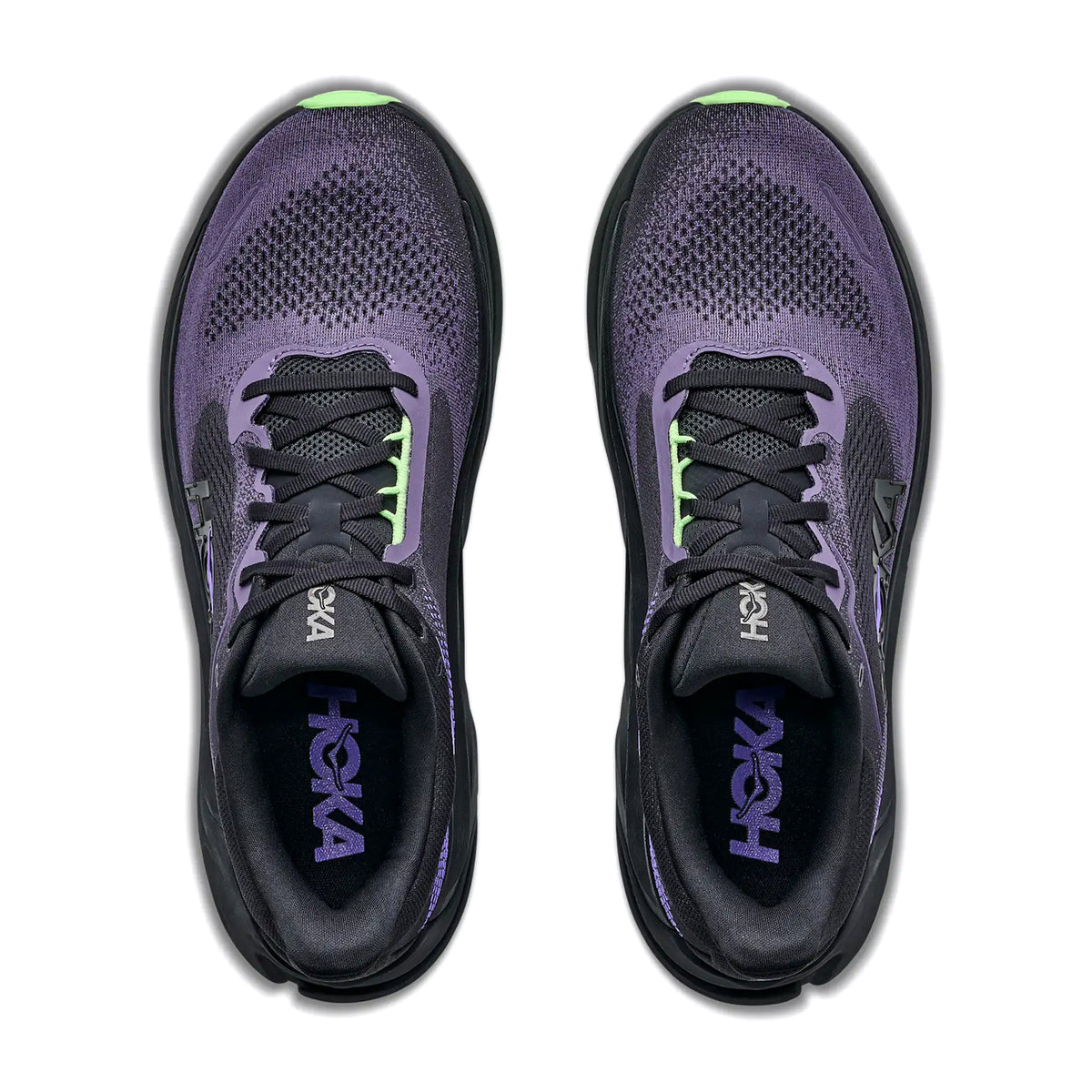 A top-down view of Men’s Arahi 9 Running Shoes Black / Squid Ink, showcasing black and purple mesh uppers, black laces with light green accents, and cushioned insoles.