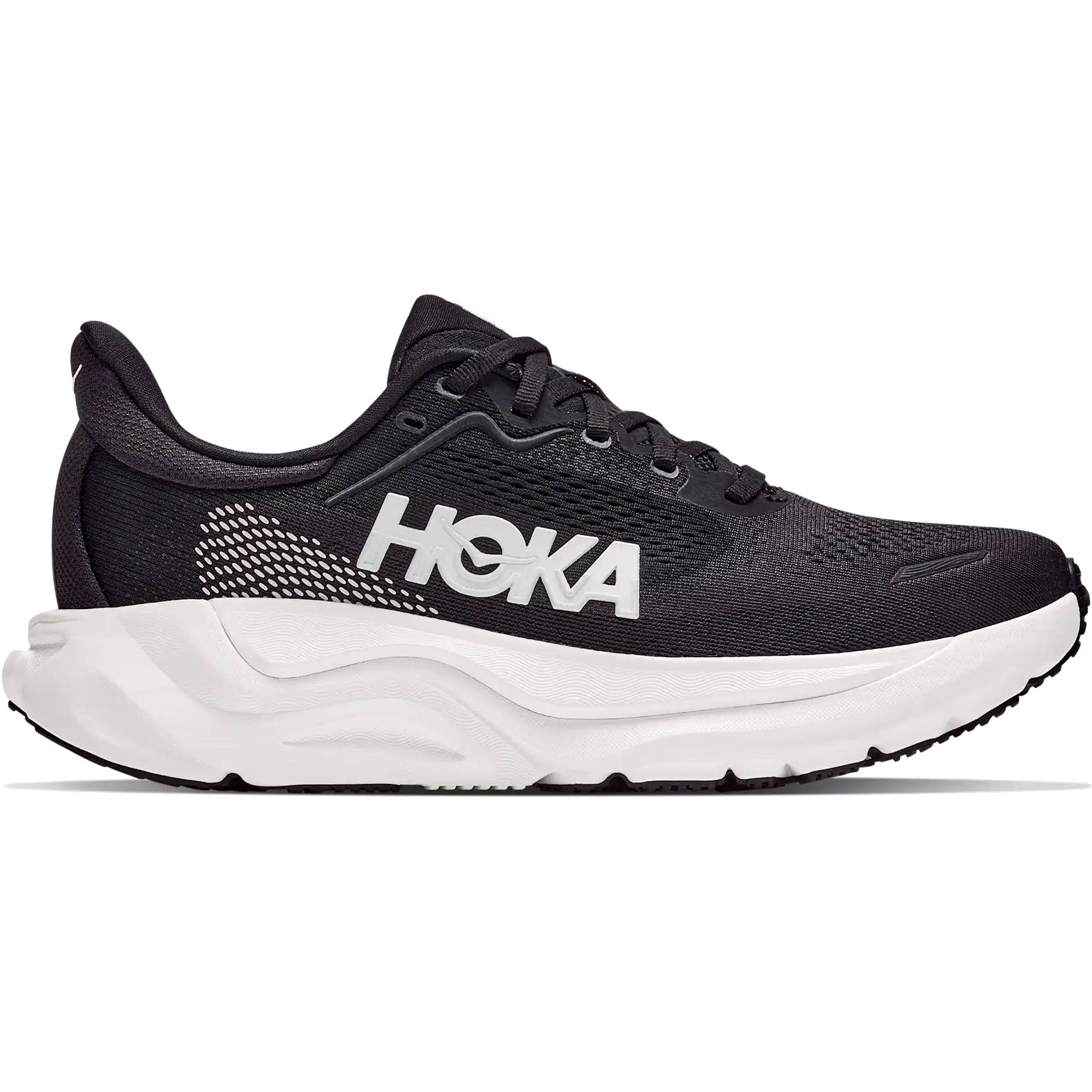 Men's HOKA Arahi 9 Wide Fit Running Shoes Black White outer side view showing enhanced H-Frame stability technology with dual-density compression moulded EVA foam and wide fit for daily overpronation control