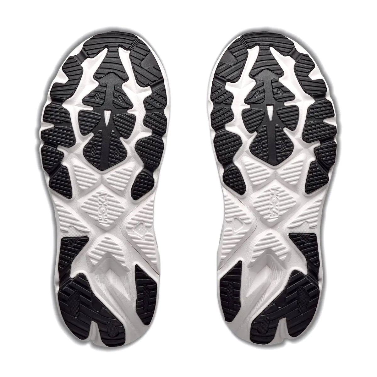 Men's HOKA Arahi 9 Wide Fit Running Shoes Black White sole view displaying super abrasion rubber outsole with podular design and wide fit platform for enhanced durability in high-wear zones