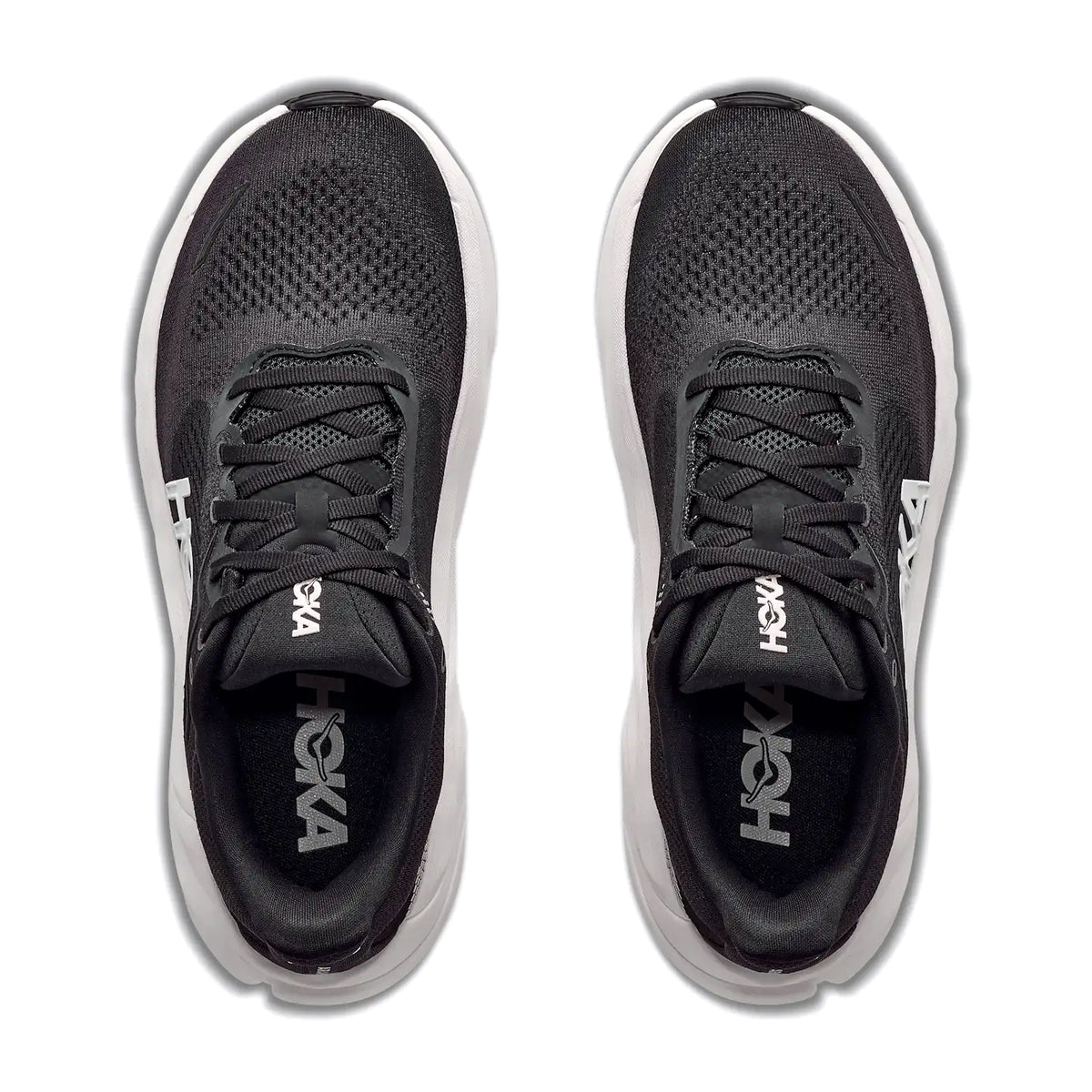 Men's HOKA Arahi 9 Wide Fit Running Shoes Black White top view showing engineered mesh upper with tighter medial support, wide fit design and haptic prints for stability running