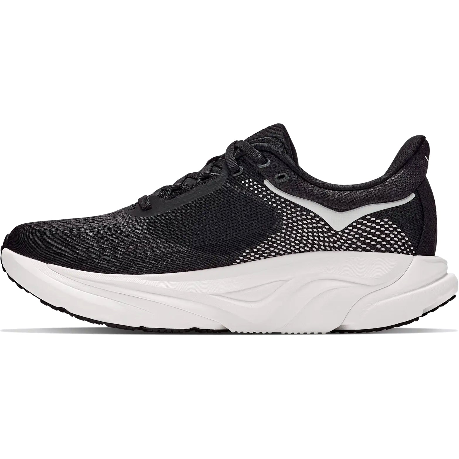 Men's HOKA Arahi 9 Wide Fit Running Shoes Black White inner side view showing H-Frame technology with tighter medial mesh support, dual-density EVA foam and wide fit construction for smooth stable gait cycle