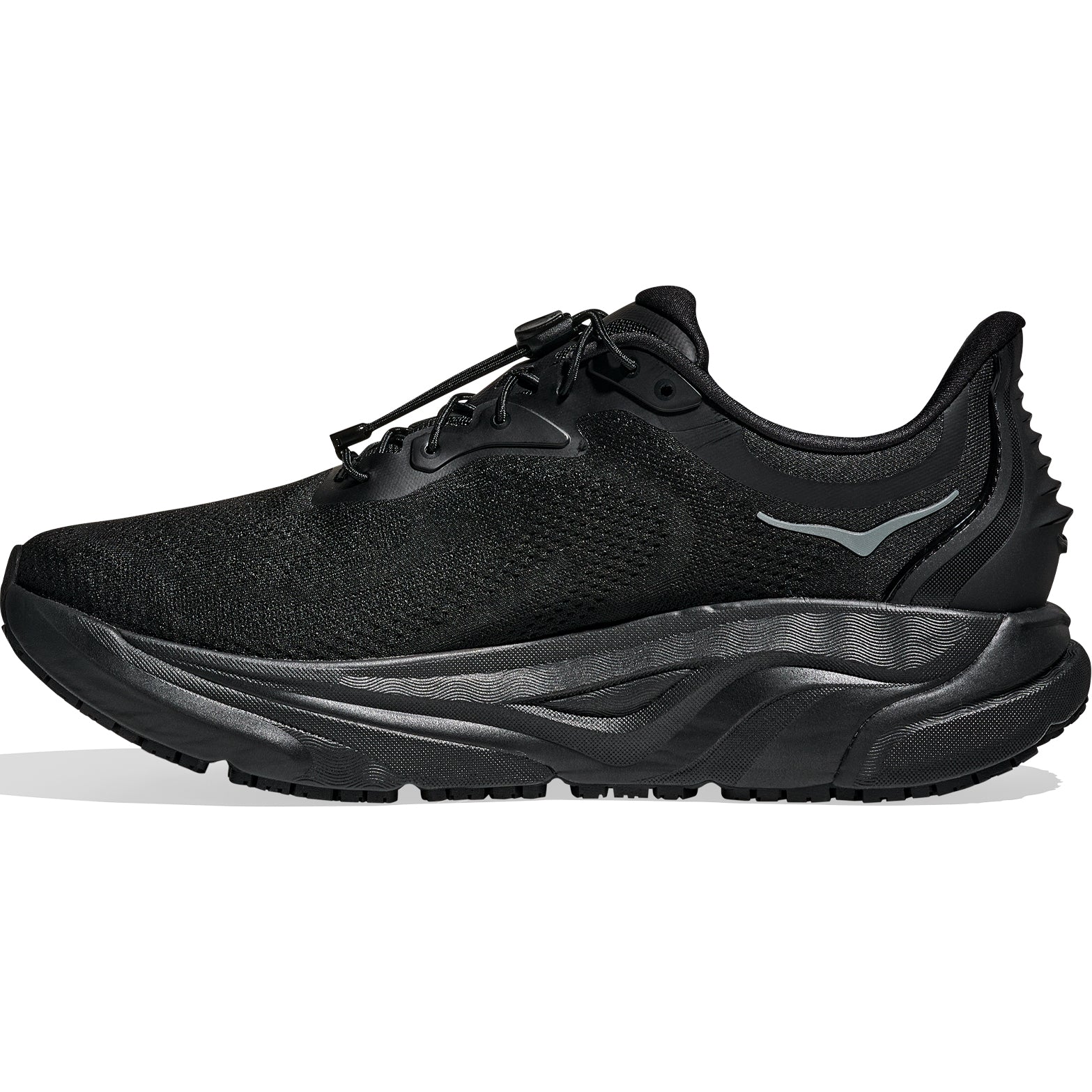 Men's HOKA Arahi SR Black slip-resistant shoes - inner side view displaying dual-density EVA midsole and vented mesh construction