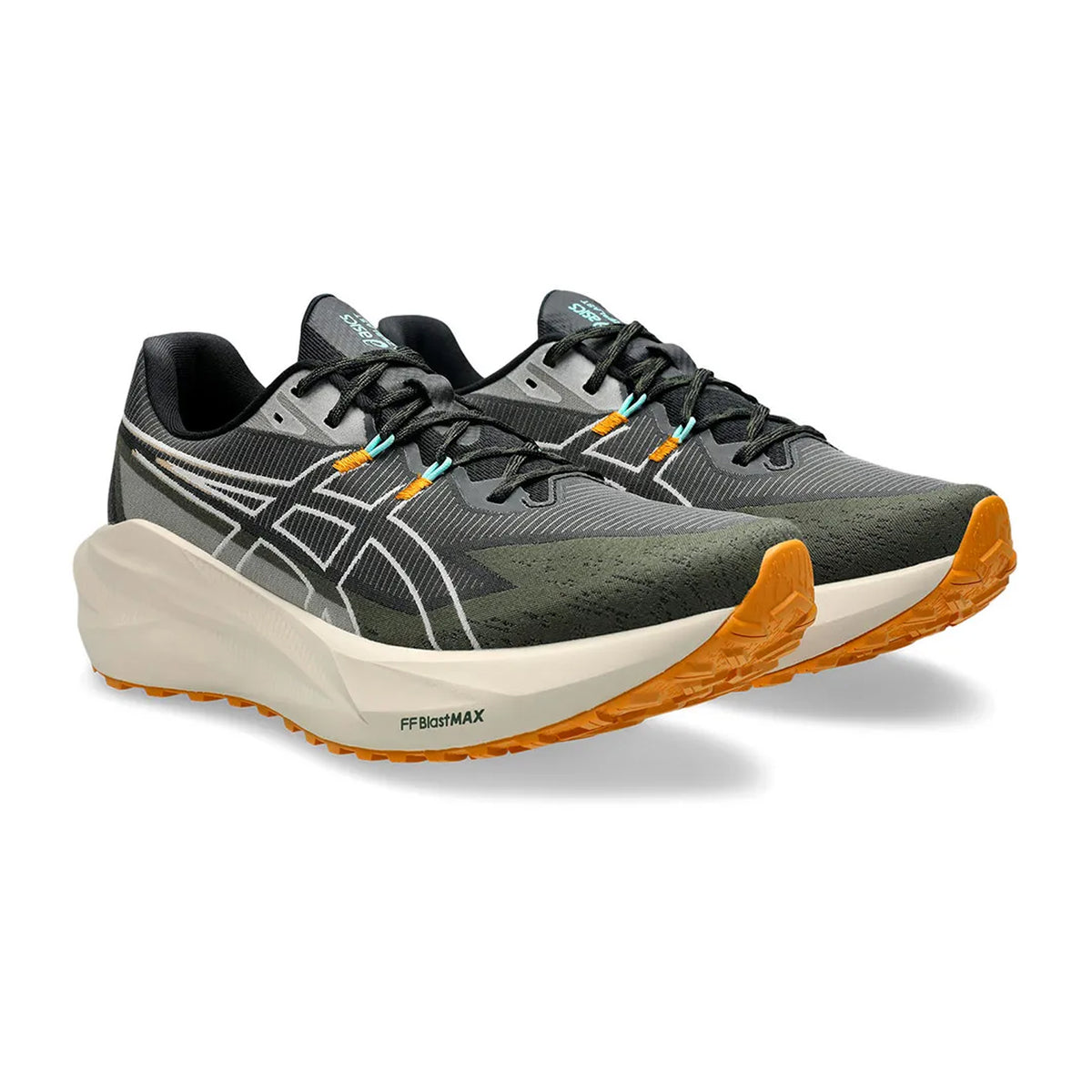 Men's ASICS Blazeblast Running Shoes Black Sandstorm angled side view of pair showing FF BLAST MAX foam with trampoline pod, ASICSGRIP outsole and engineered woven upper for cloud-like energetic unpaved trail performance