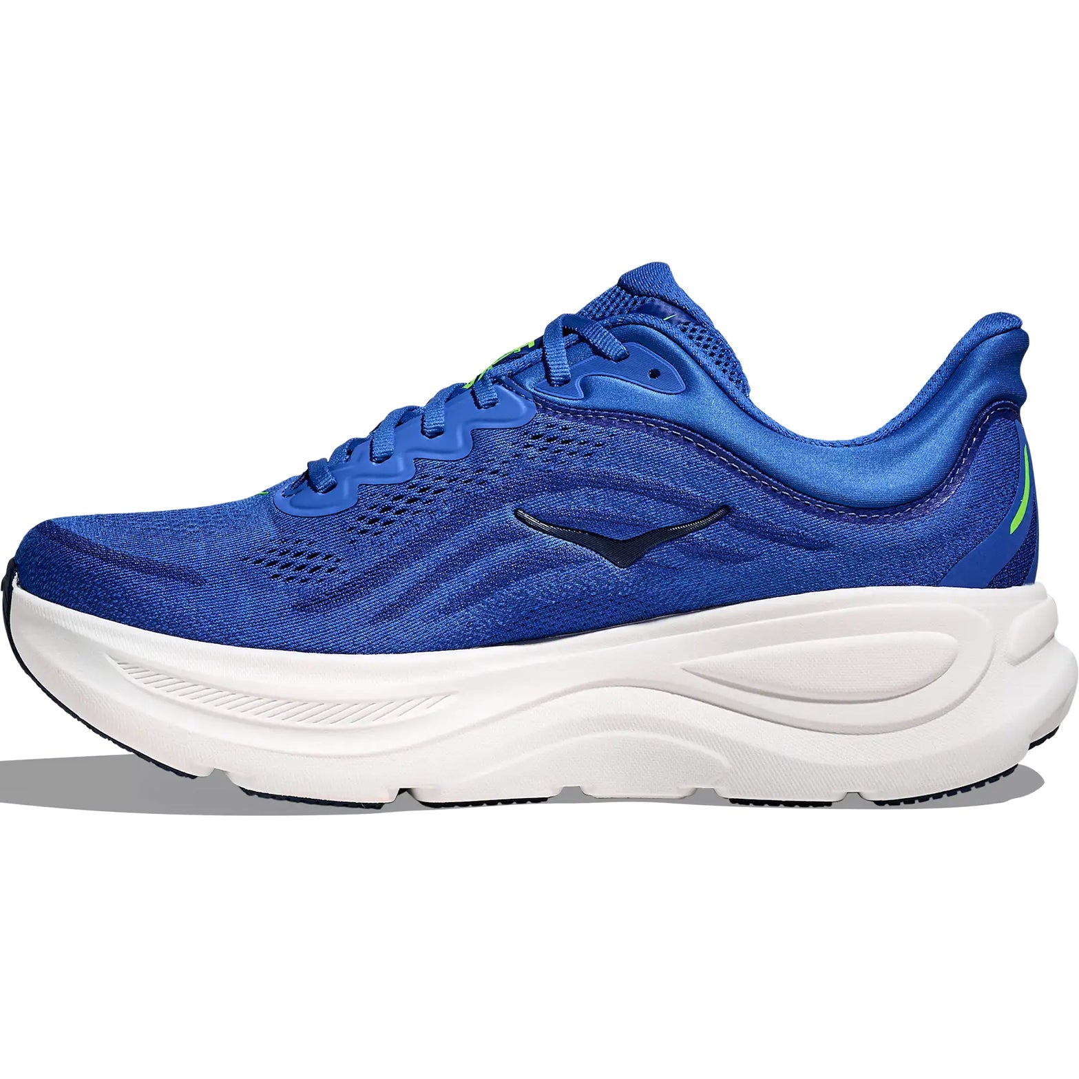 HOKA Bondi 9 men's running shoe in Cobalt Blue / Ultramarine — inner view showing cobalt blue engineered mesh upper, ultramarine midsole detailing, smooth rocker geometry and maximum cushioning foam construction
