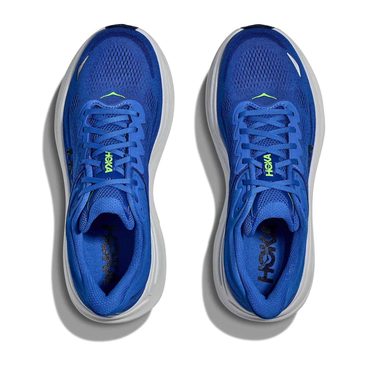 HOKA Bondi 9 men's running shoe in Cobalt Blue / Ultramarine — top-down view showing cobalt blue engineered mesh upper construction, lace closure and ultramarine accent detailing