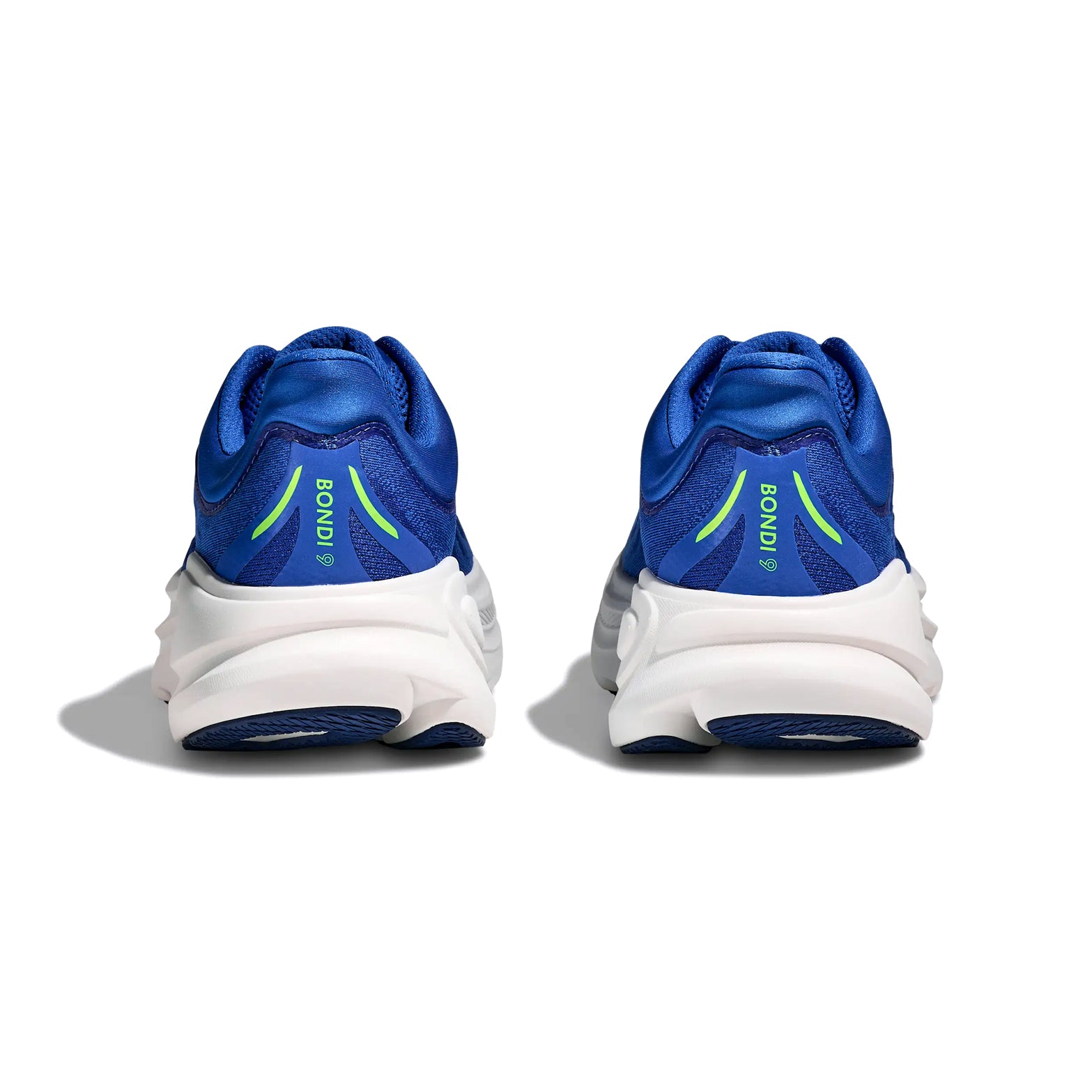 HOKA Bondi 9 men's running shoe in Cobalt Blue / Ultramarine — heel view showing structured support construction, ultramarine heel detailing and cobalt blue maximum cushioning midsole contrast